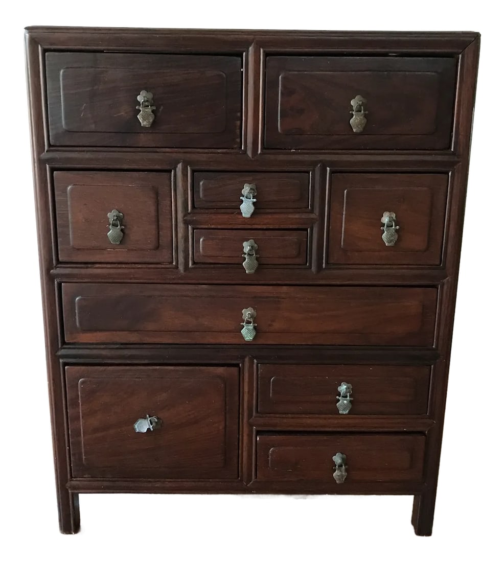 Rosewood Box With Drawers: Charming miniature Mid-19th Century Rosewood box with 10 working drawers. Original pulls. Condition is good given it's age and use. I love this piece as you can store so many things in it! It has a