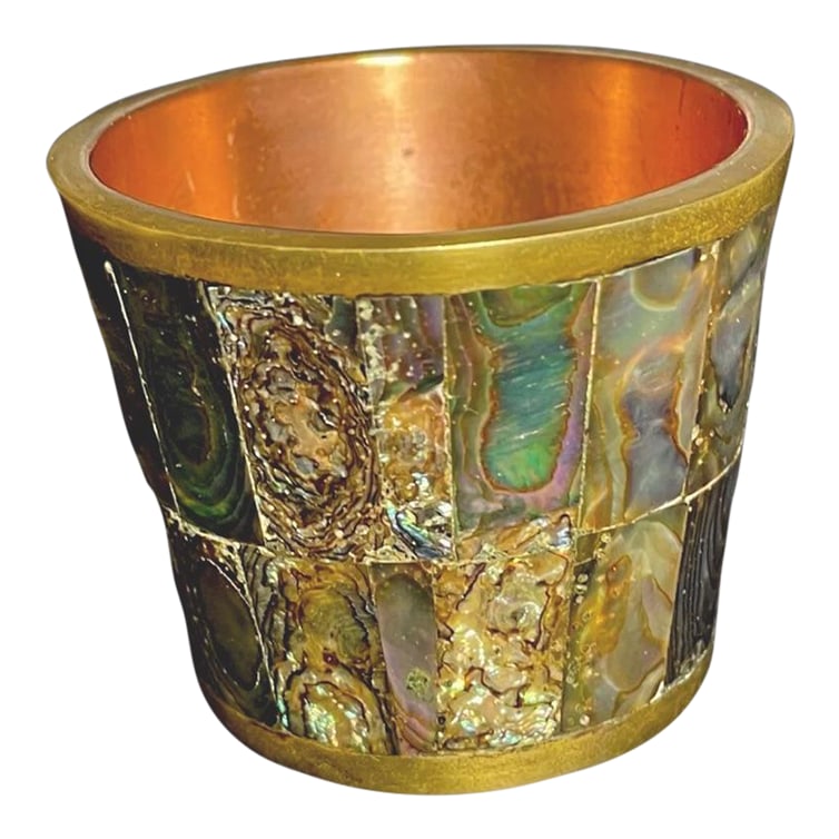 Silver Taxco Abalone Paneled 975 Silver Cup, Mexico, Silversmith Marked Joco: The very rare vintage silver cup by modernist Mexican silversmith Joco. The cup is lined with panels of thick iridescent abalone shell over marked 975 silver. The item is signed 975 Taxco Joco. The