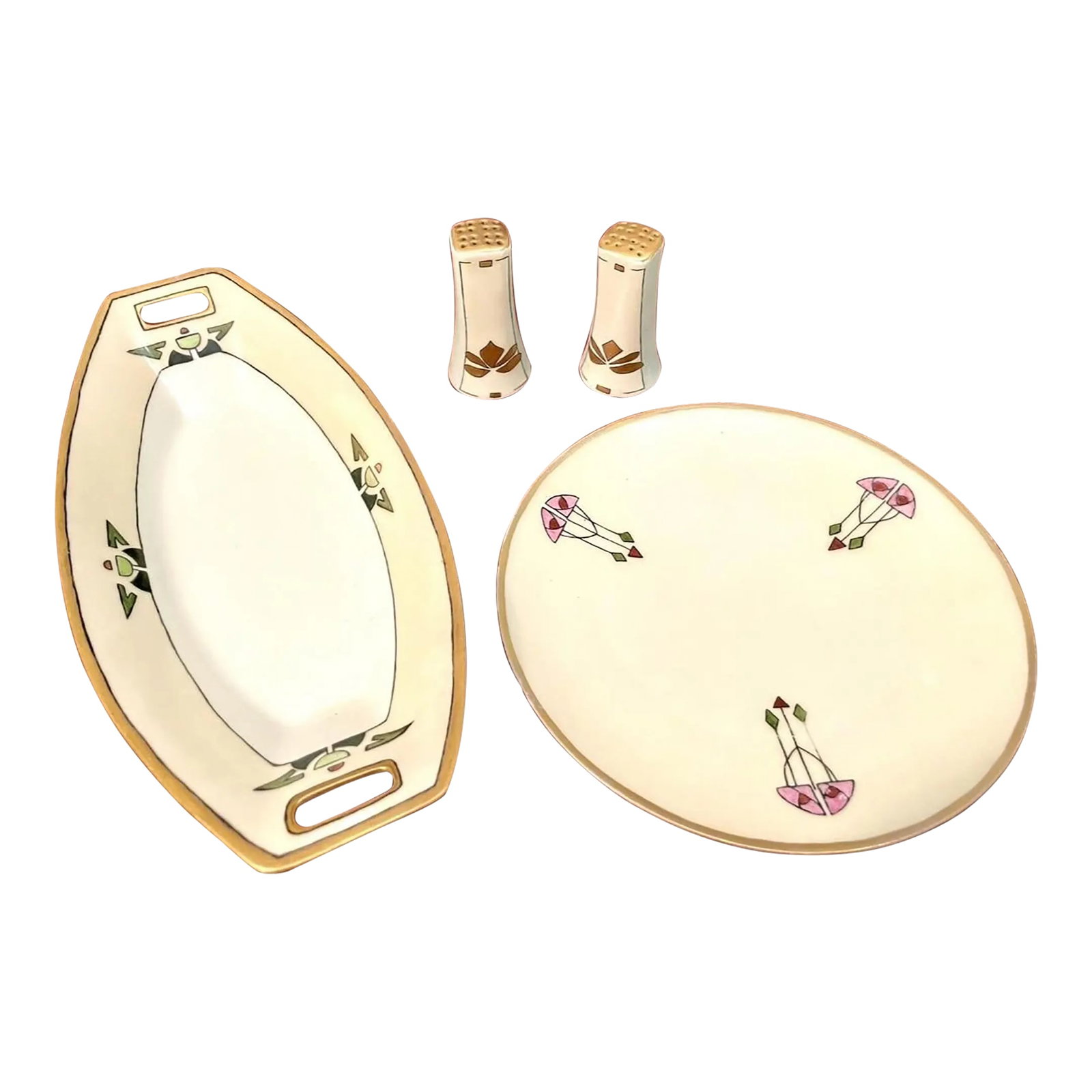 Circa 1920s Thomas Sevres of Bavaria Hand Painted Art-Deco Platter, Salt Pepper Shaker, Side Plate S: Thomas Sevres of Bavaria Art-Deco Platter, Salt Pepper Shaker and Side Plate. Hand Painted Circa.1920s. Thomas Bavaria set, in excellent condition. The art deco platter 11" x 5" and salt pepper shaker