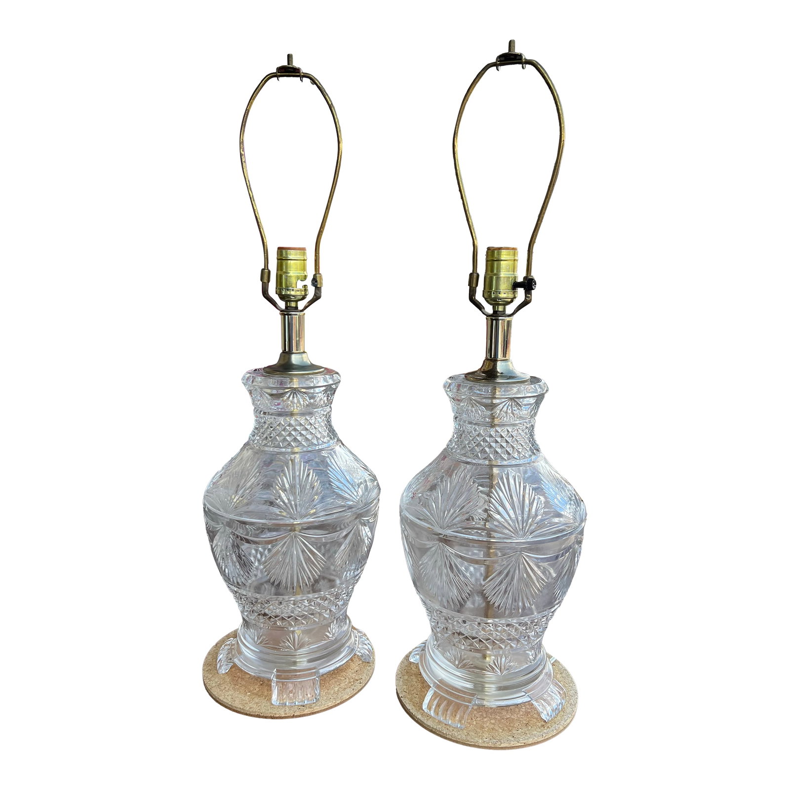Vintage Large Footed Cut Crystal Lamp - Pair: Vintage Heavy Lead Crystal lamps. Each has 4 Foot on the base. The cut crystal design looks like palm leaves. I have not found any markings. Heavy Pair of 2 matching lamps with Three-way lights