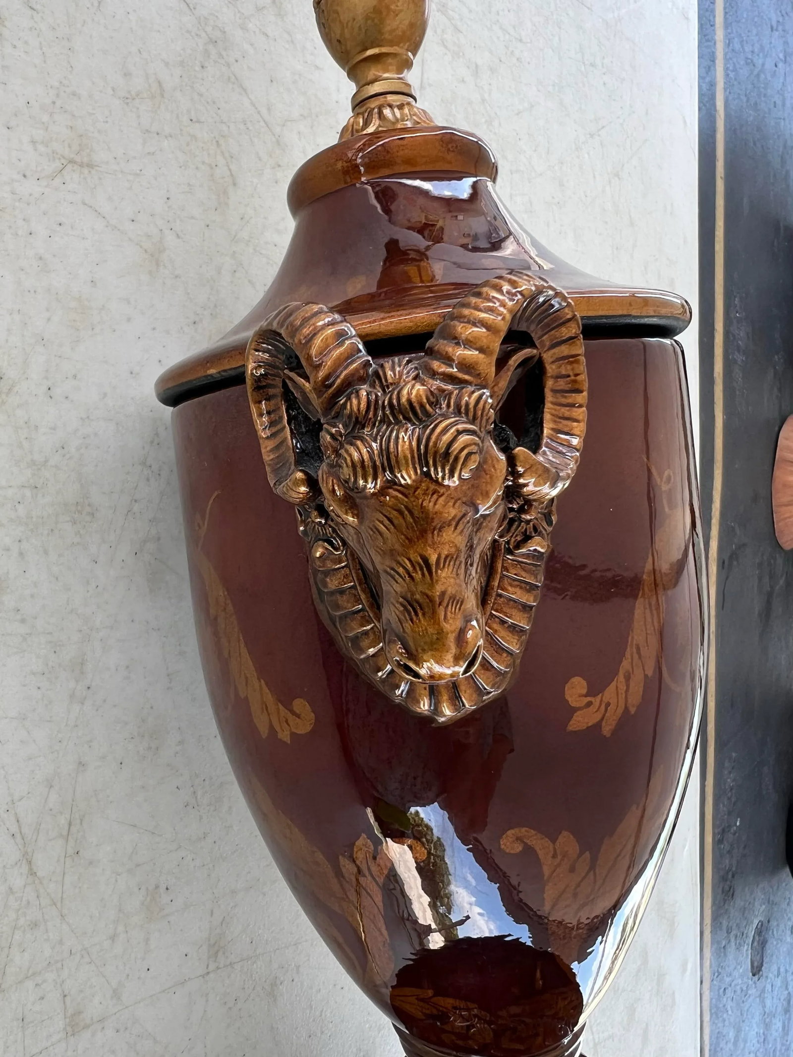 Vintage Urn Shaped Lamp With Rams Head Handles With Shade by Bradburn Gallery - 4