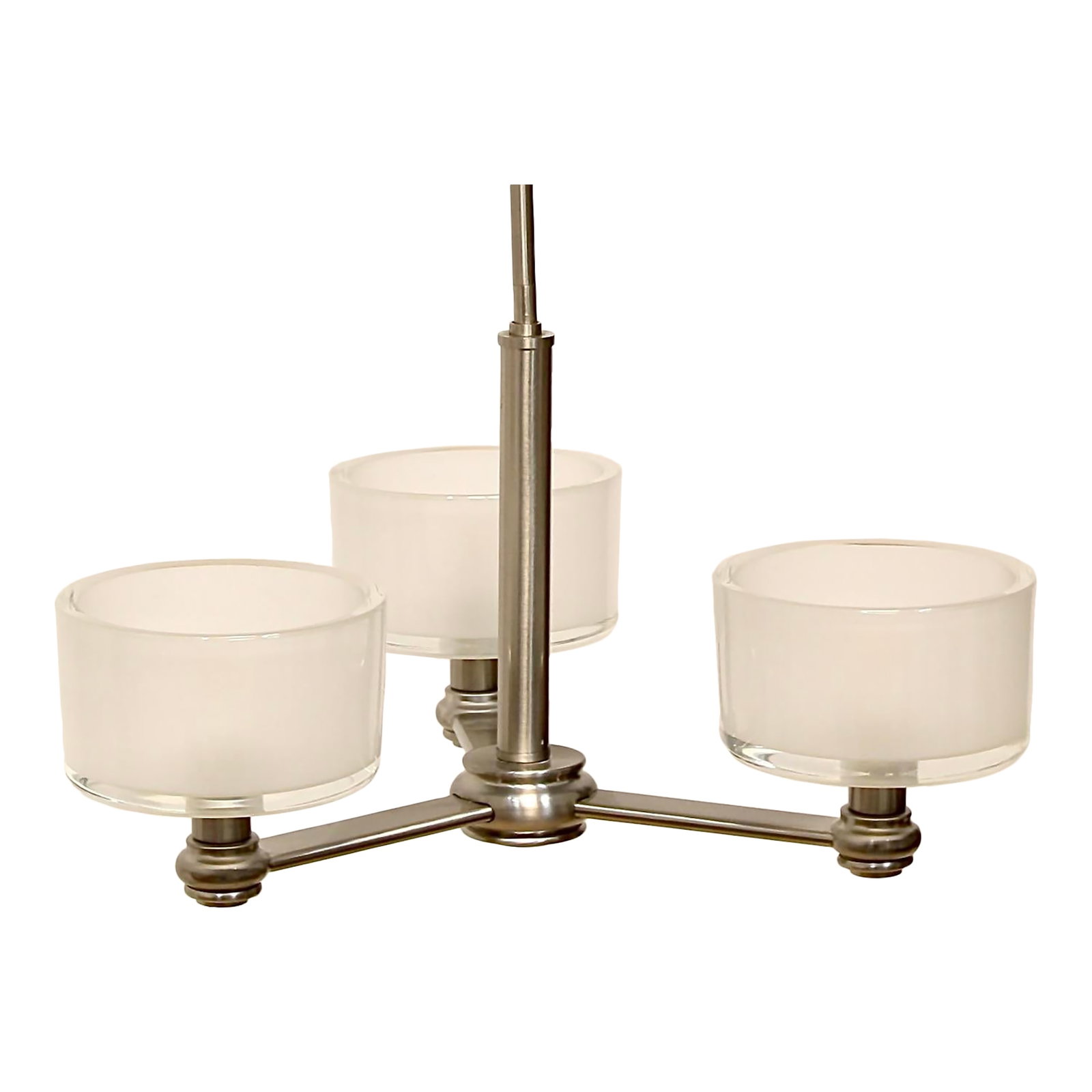Brushed Nickel Modern 3 Light Chandelier | Sloped Ceiling: This 3-Light Brushed Nickel Chandelier features round frosted glass globes for a modern look. The adjustable post accommodates sloped ceilings. This was a custom piece manufactured as a sample, origin