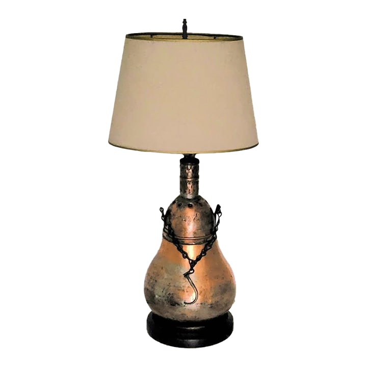 Mid Century Arab Islam Rustic Electric Table Lamp Mixed Metal: Unique copper over nickel bohemian Islamic style lamp with hanging hook, styled after Turkish water jug or nautical cargo lamp. Hand stamped mixed metal with partial "United Arab Republic" stamp. The