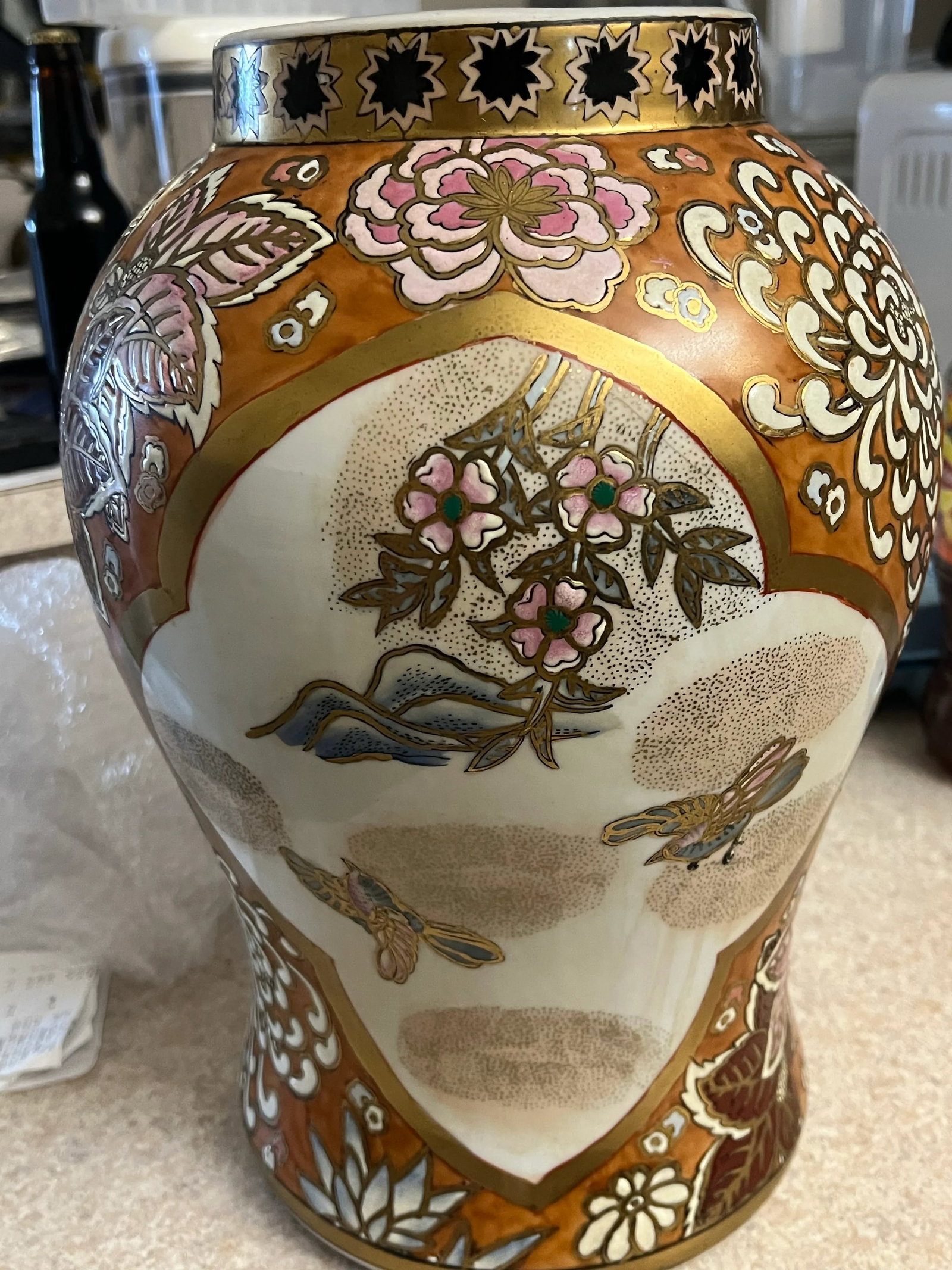 1960s Large Ginger Jar Gilted With Floral & Bird Motif - 3
