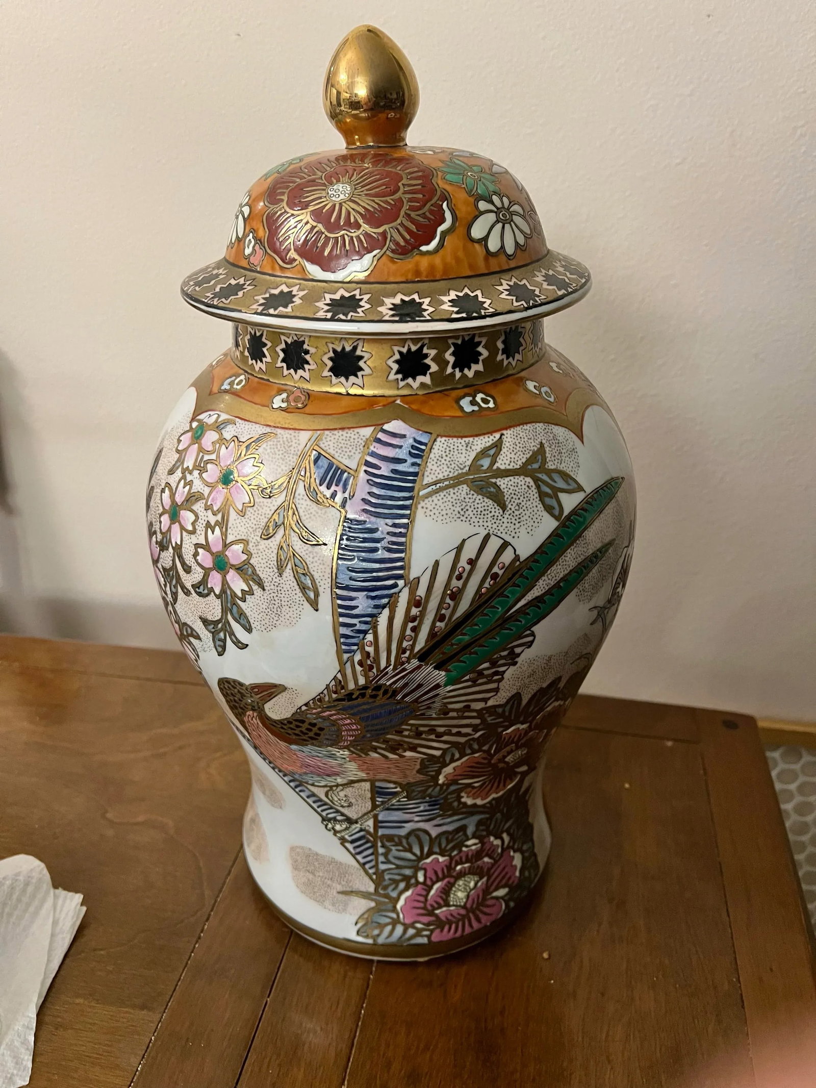 1960s Large Ginger Jar Gilted With Floral & Bird Motif - 8
