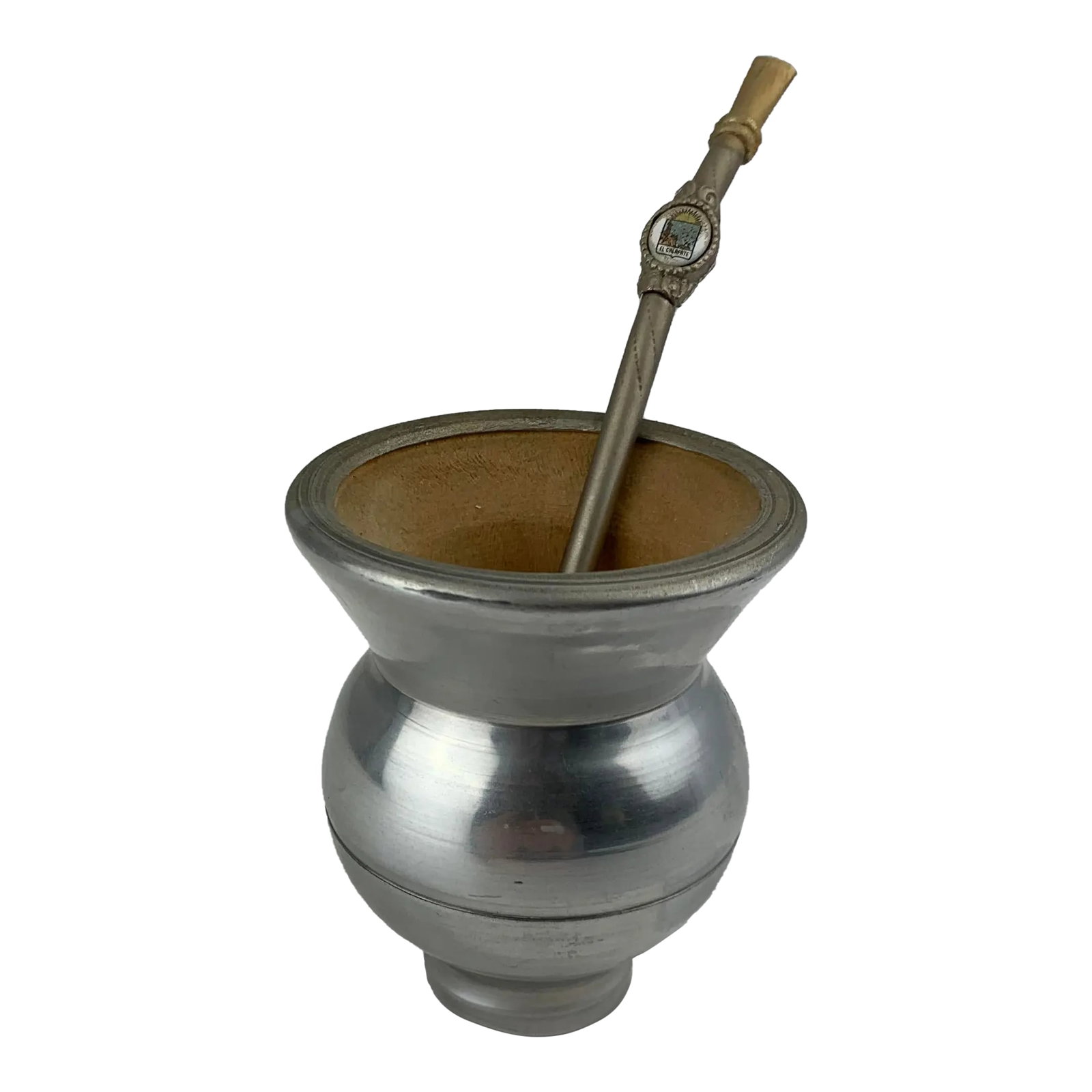 Vintage Yerba Mate Cup and Bombilla: Vintage yerba mate cup and bombilla. Cup made from wood encased in stainless sheet metal . A metal straw with a filtered end is used to drink the tea infusion. Gourd is engraved after the city of El C