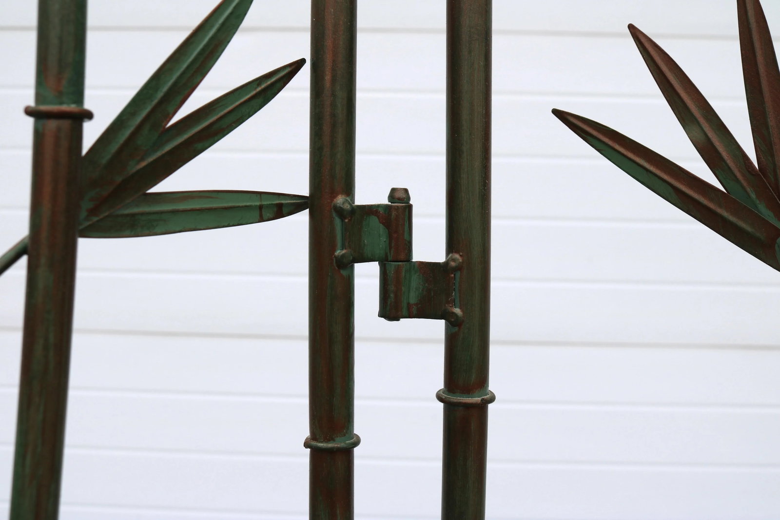 Vintage Three Panel Green and Copper Hand Painted Metal Faux Bamboo Screen Room Divider - 2