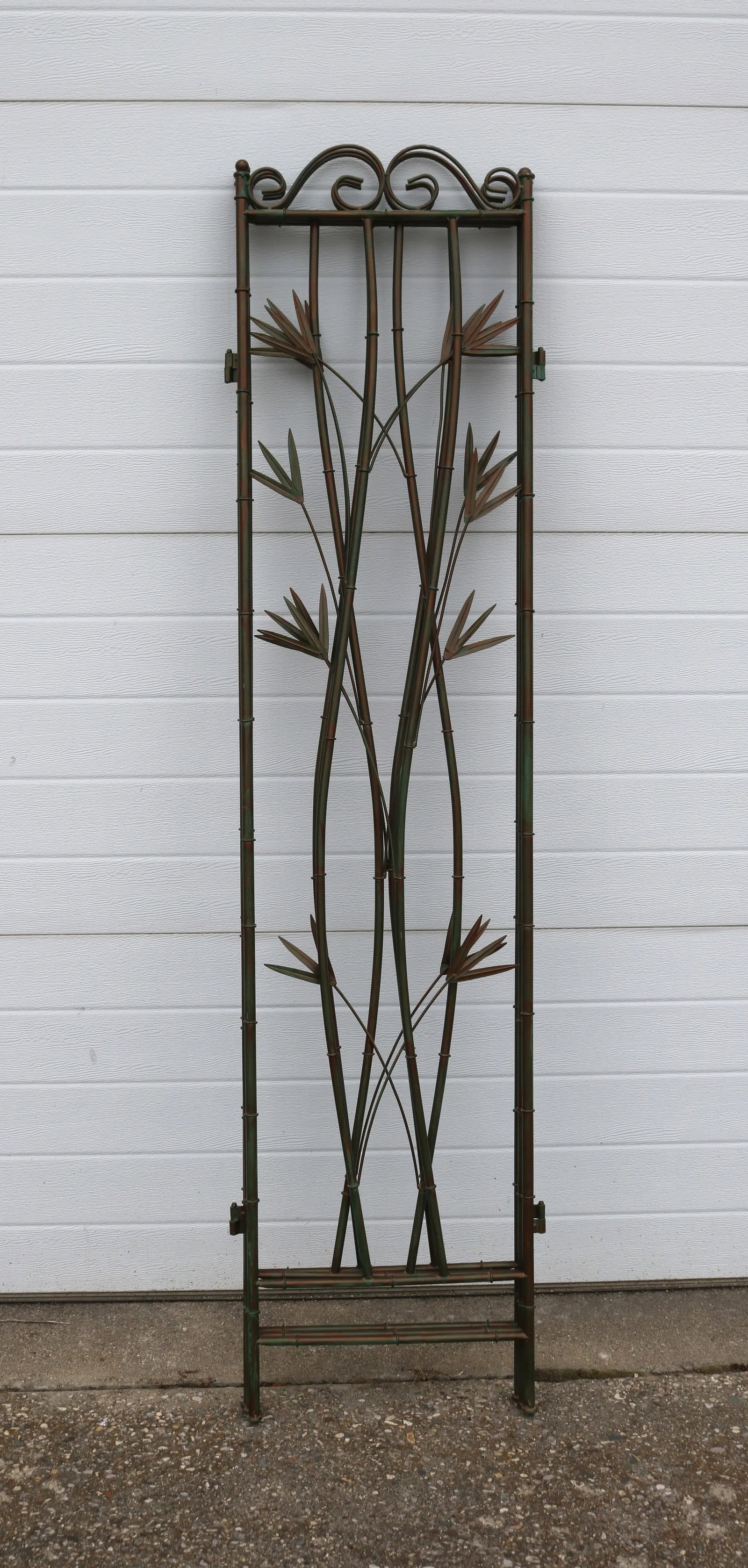 Vintage Three Panel Green and Copper Hand Painted Metal Faux Bamboo Screen Room Divider - 9