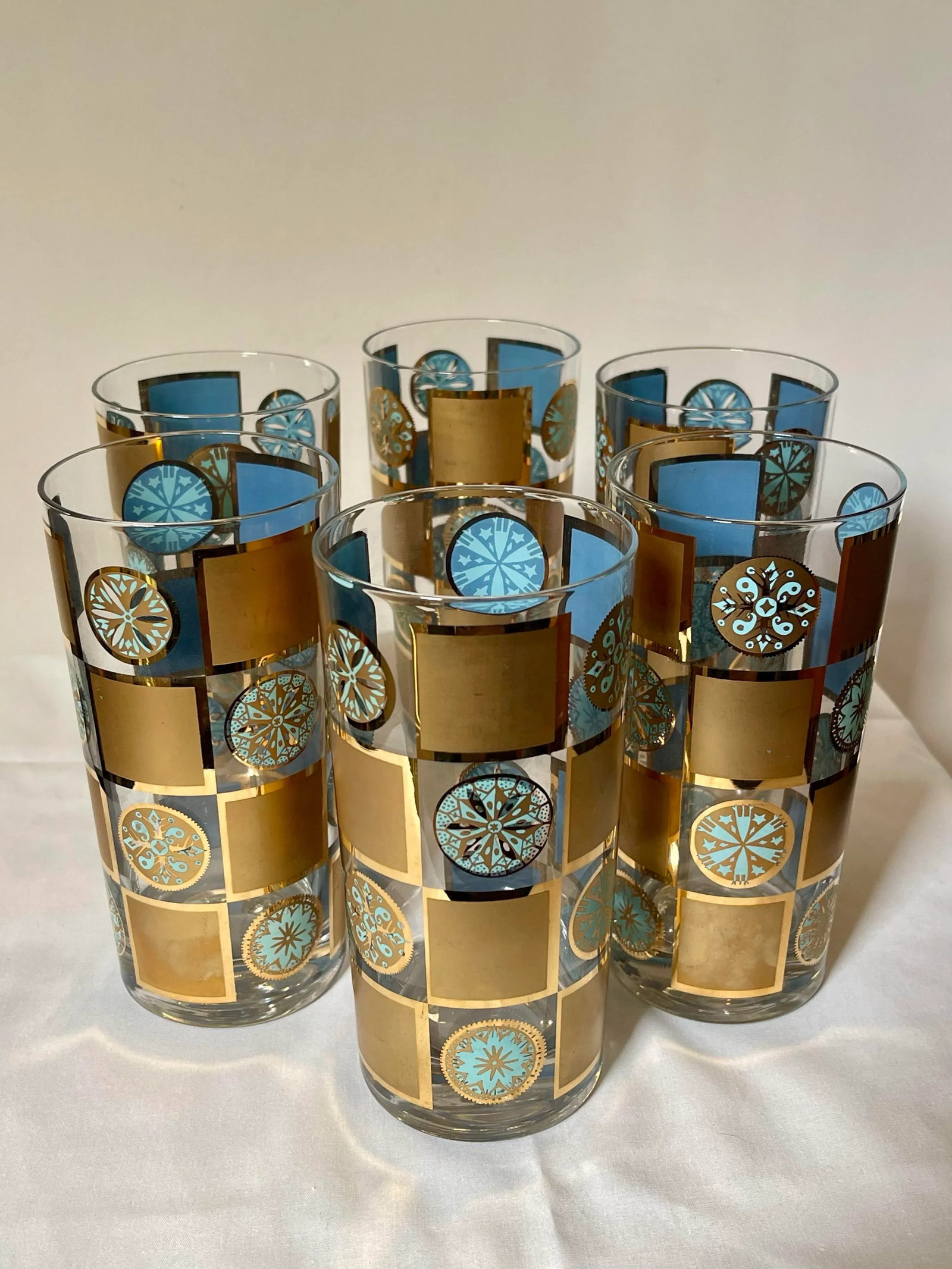 1960s Culver "Carnival" Turquoise & Gold Tumblers - Set of 6 - 4