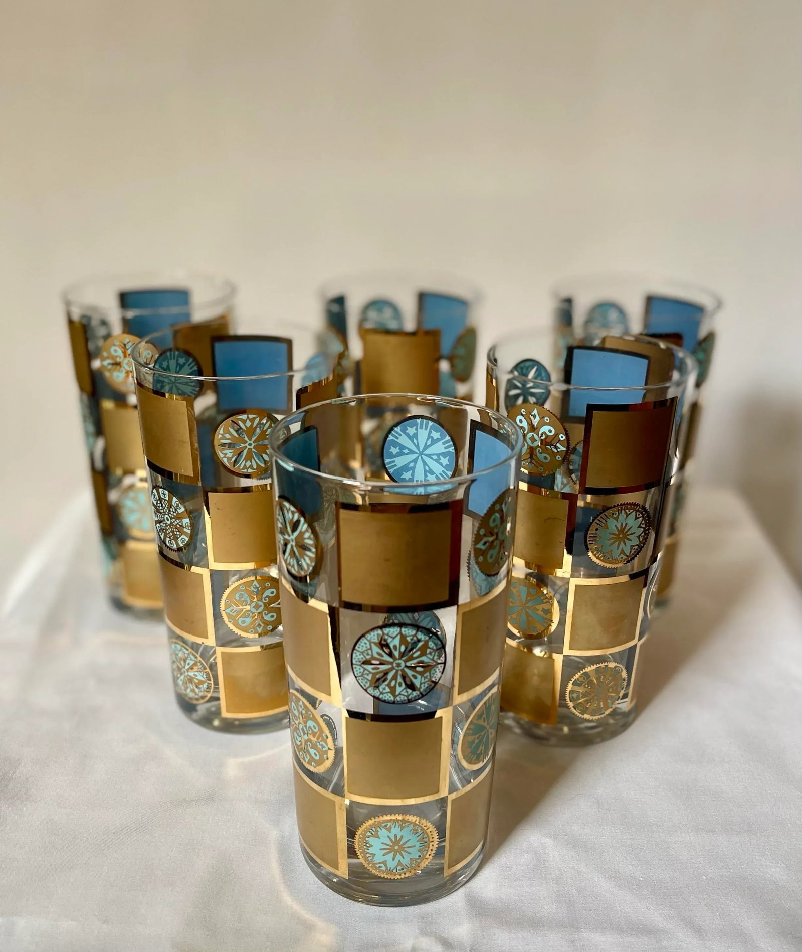 1960s Culver "Carnival" Turquoise & Gold Tumblers - Set of 6 - 5