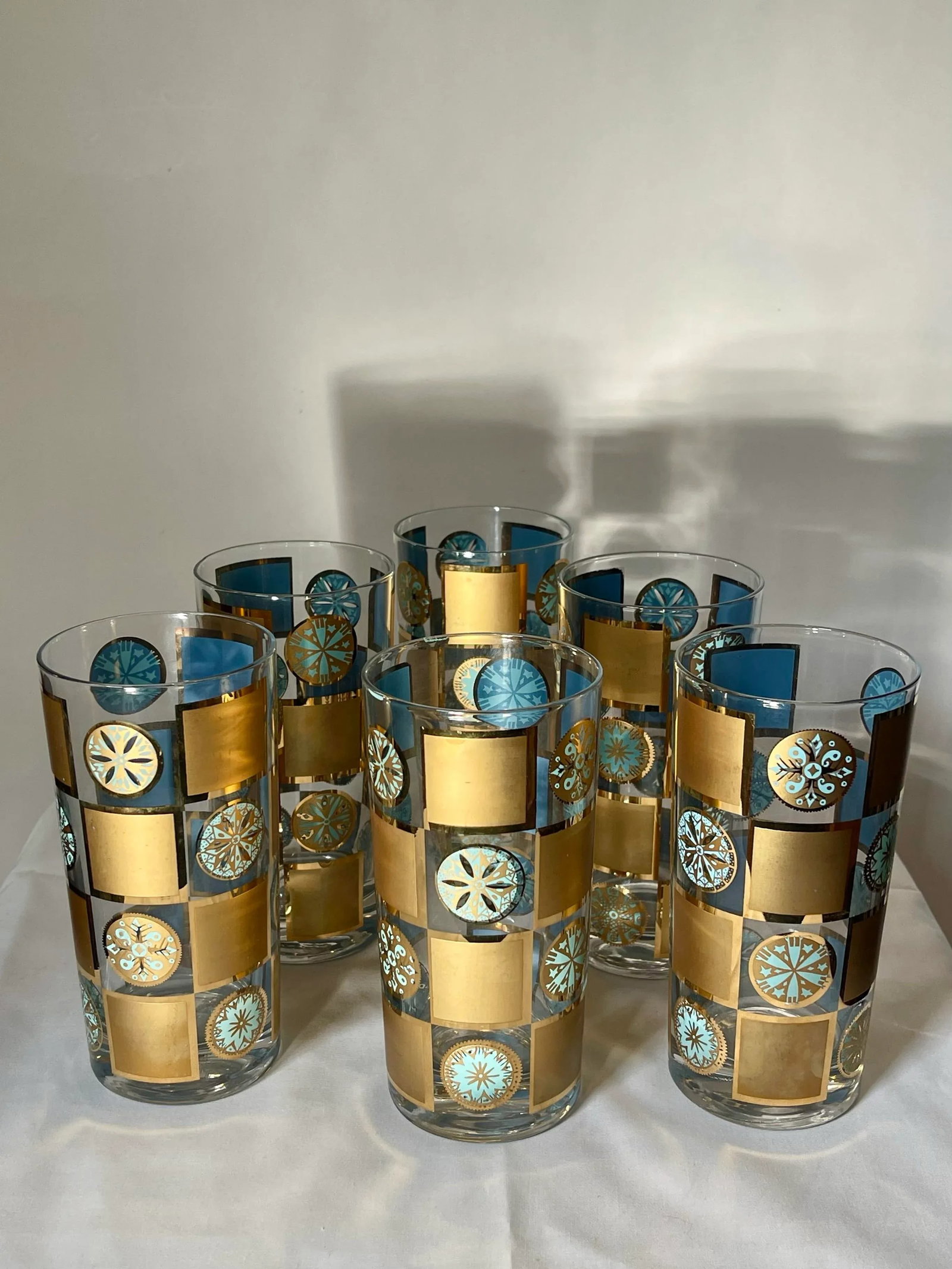 1960s Culver "Carnival" Turquoise & Gold Tumblers - Set of 6 - 6