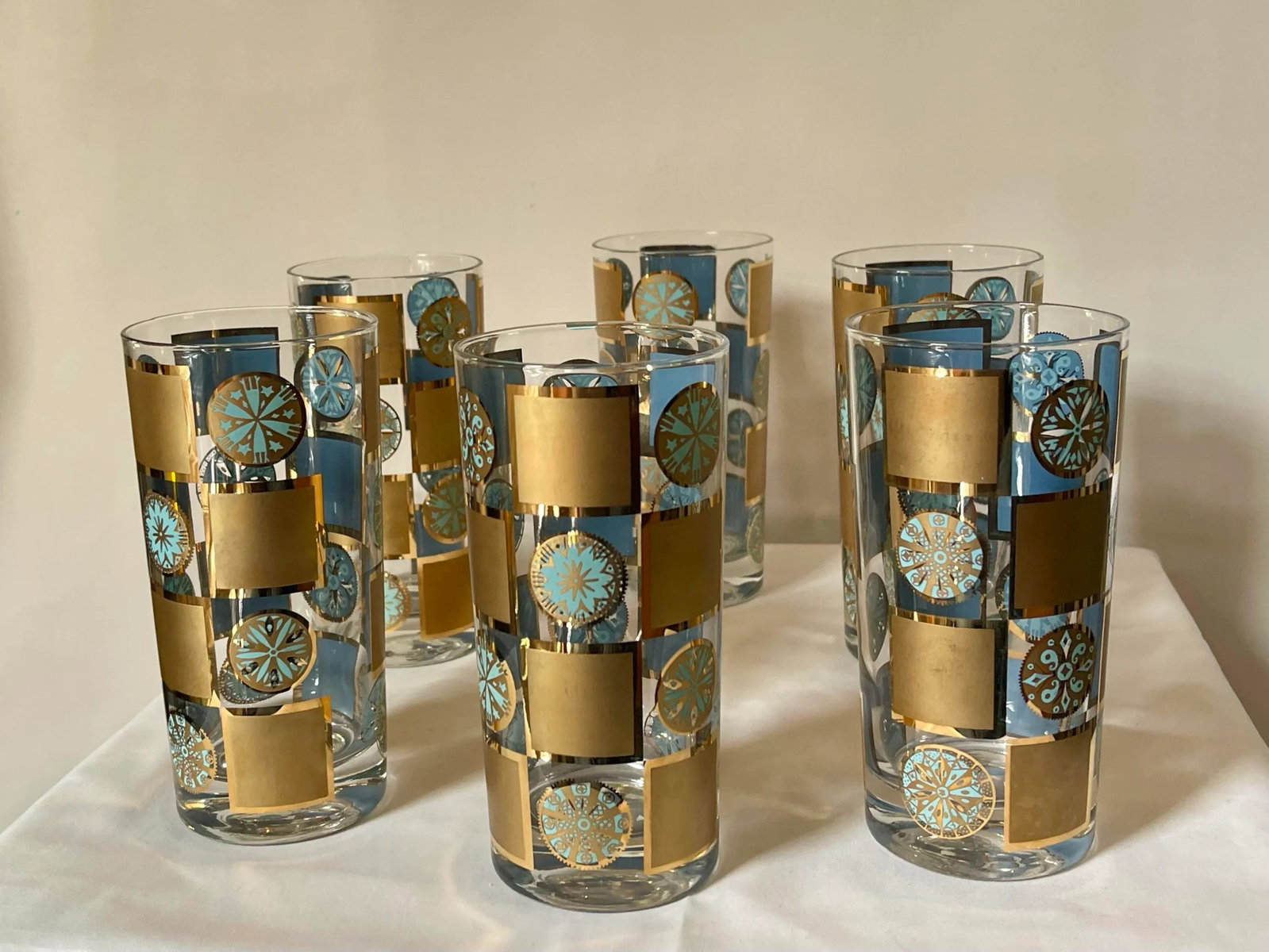 1960s Culver "Carnival" Turquoise & Gold Tumblers - Set of 6 - 7