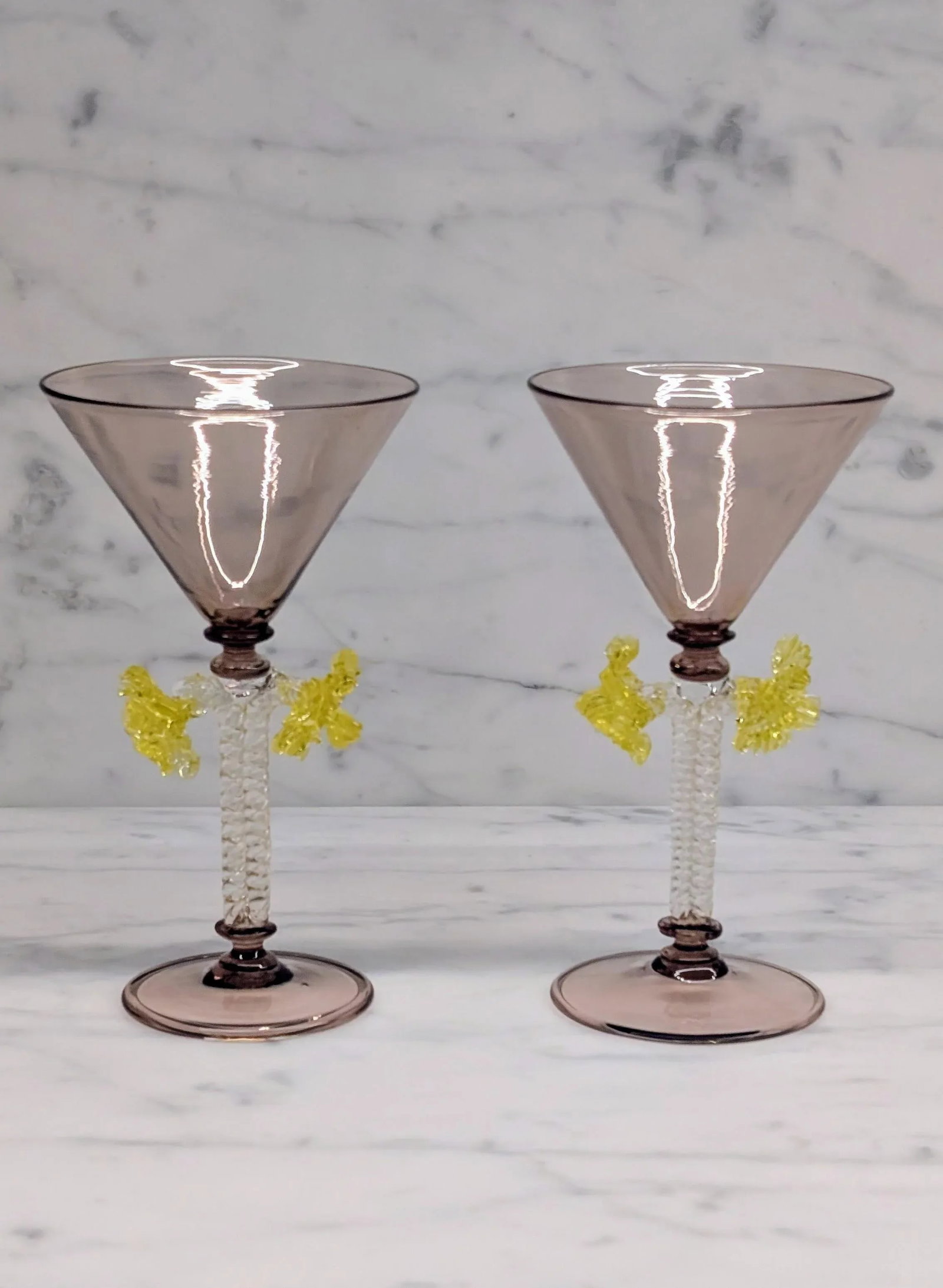 Pair of Mid 20th Century Hand-Blown Murano Martini Glasses Attributed to Salviati With Twisted Stems - 2