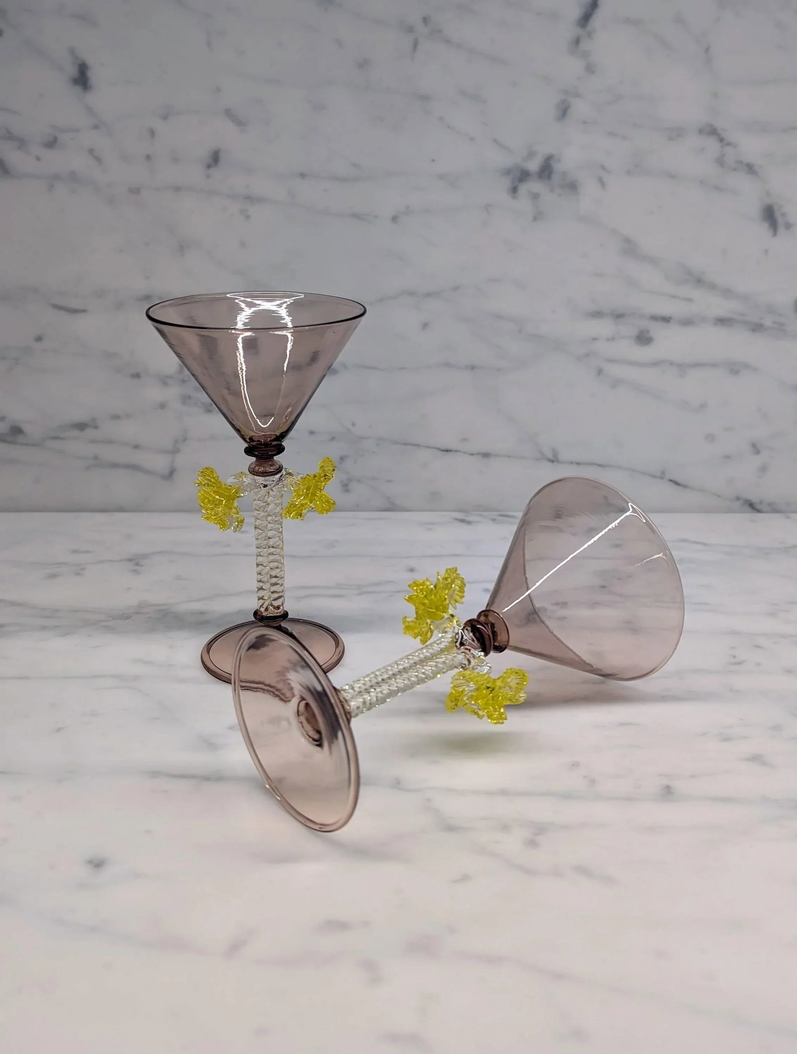 Pair of Mid 20th Century Hand-Blown Murano Martini Glasses Attributed to Salviati With Twisted Stems - 6