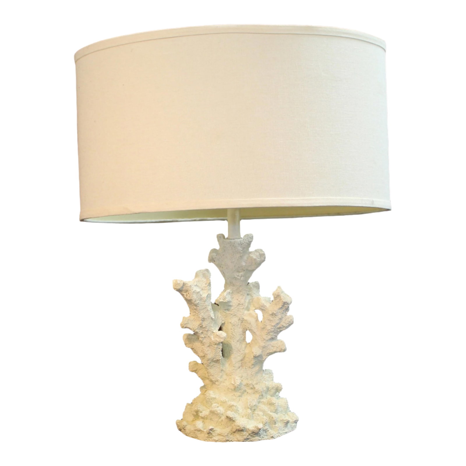Vintage Faux White Coral Table Lamp: This vintage faux coral table features a white cream color and comes complete with a matching shade, adding a soft, elegant touch to any room for a coastal feel. Oval shade included. Condition: Very G