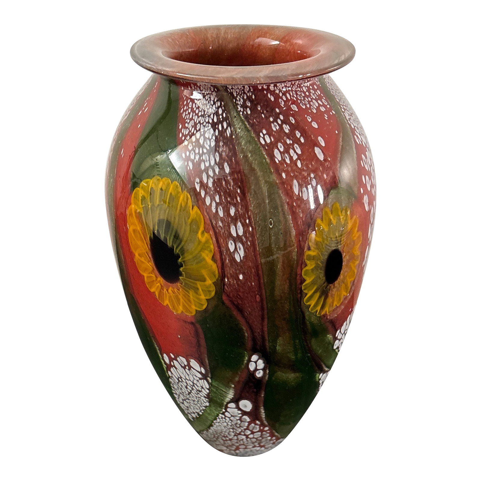 Vintage Robert Eickholt Art Glass Vase: Signed by artist marked 2000 this art glass vase is colorful and iconic. Great addition for upcoming spring and summer seasons ( add Sunflowers !!!) It is 11" tall and ~ 6" at its widest Condition: Al
