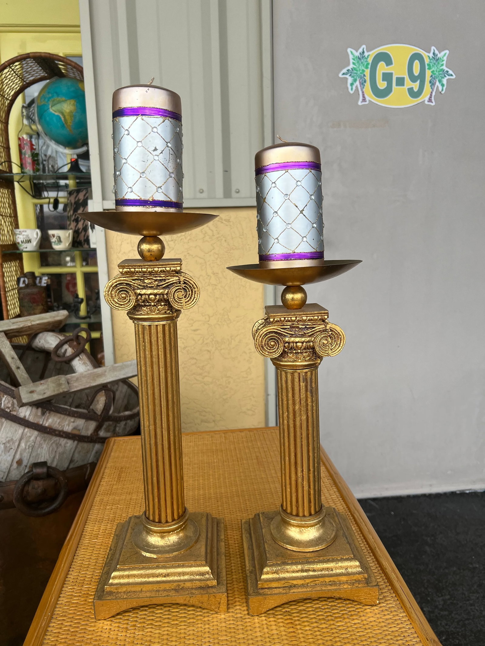 Late 20th Century Gold Pillar Candle Holders- a Pair - 2