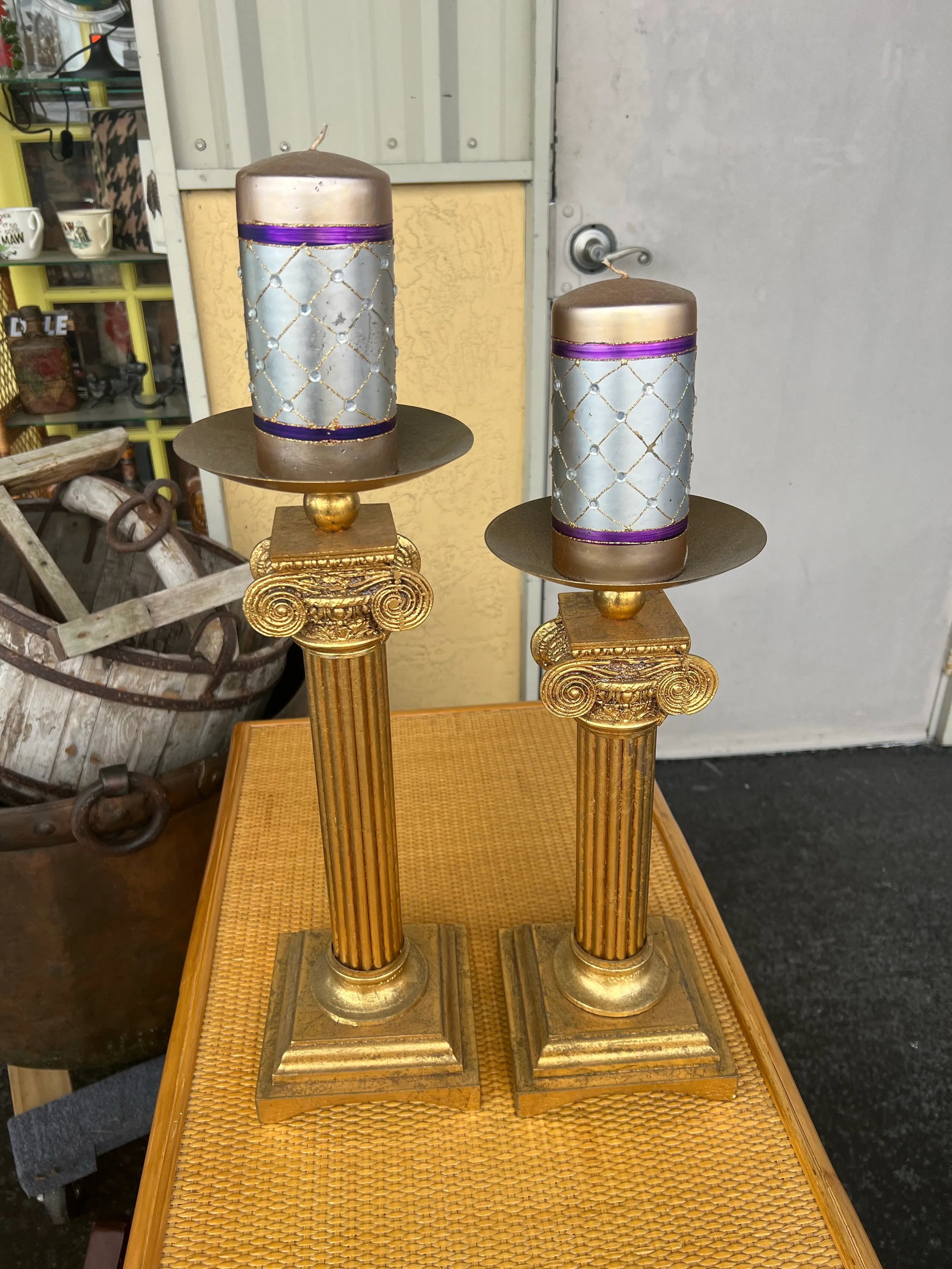 Late 20th Century Gold Pillar Candle Holders- a Pair - 5
