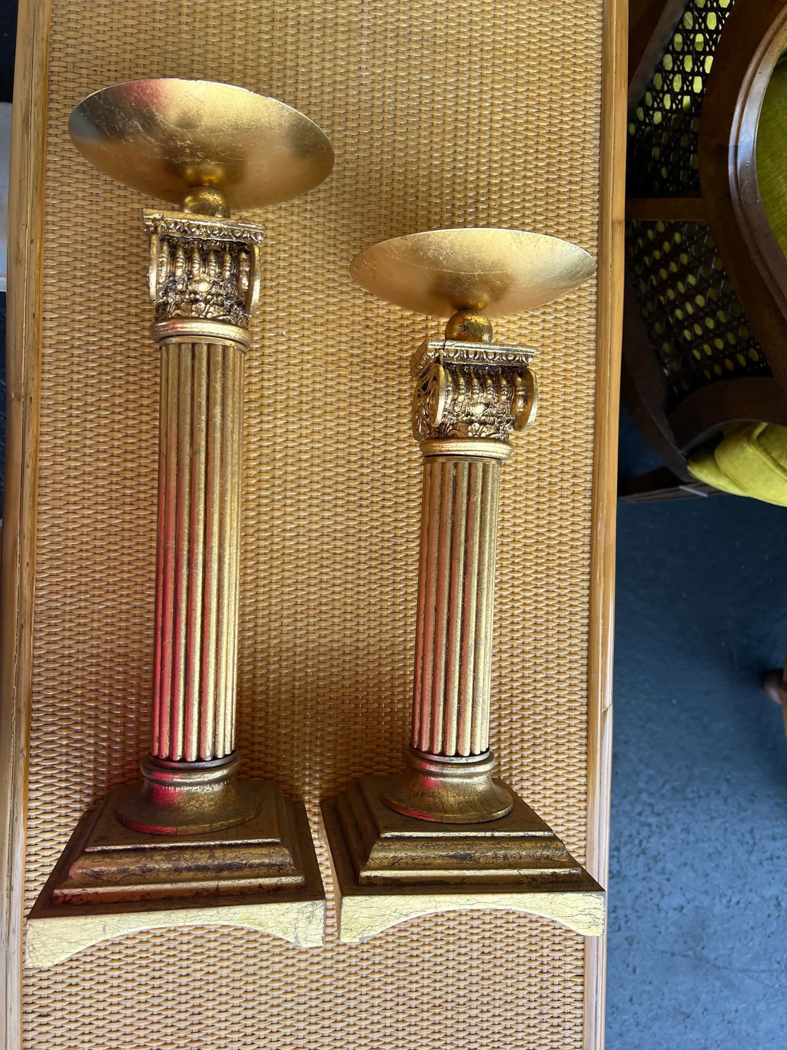Late 20th Century Gold Pillar Candle Holders- a Pair - 6