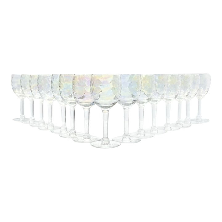 1960s Set of 15 Iridescent Pearl Rainbow Optic Swag Cordial Wine Glasses: 1960s 15 Iridescent Pearl Rainbow Optic Swag Cordial Wine Glasses 5 3/8" 4oz Excellent condition. No chips, cracks, or fleabites. Height 5 3/8" Length (Opening) 2 3/8" Holds 4oz Circa 1960s