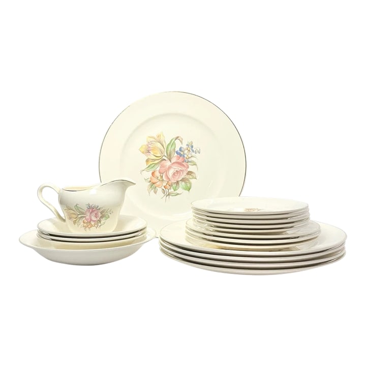 1940s Edwin Knowles 18-Piece Ceramic Dinnerware Set, Floral Motif (1 of 3)