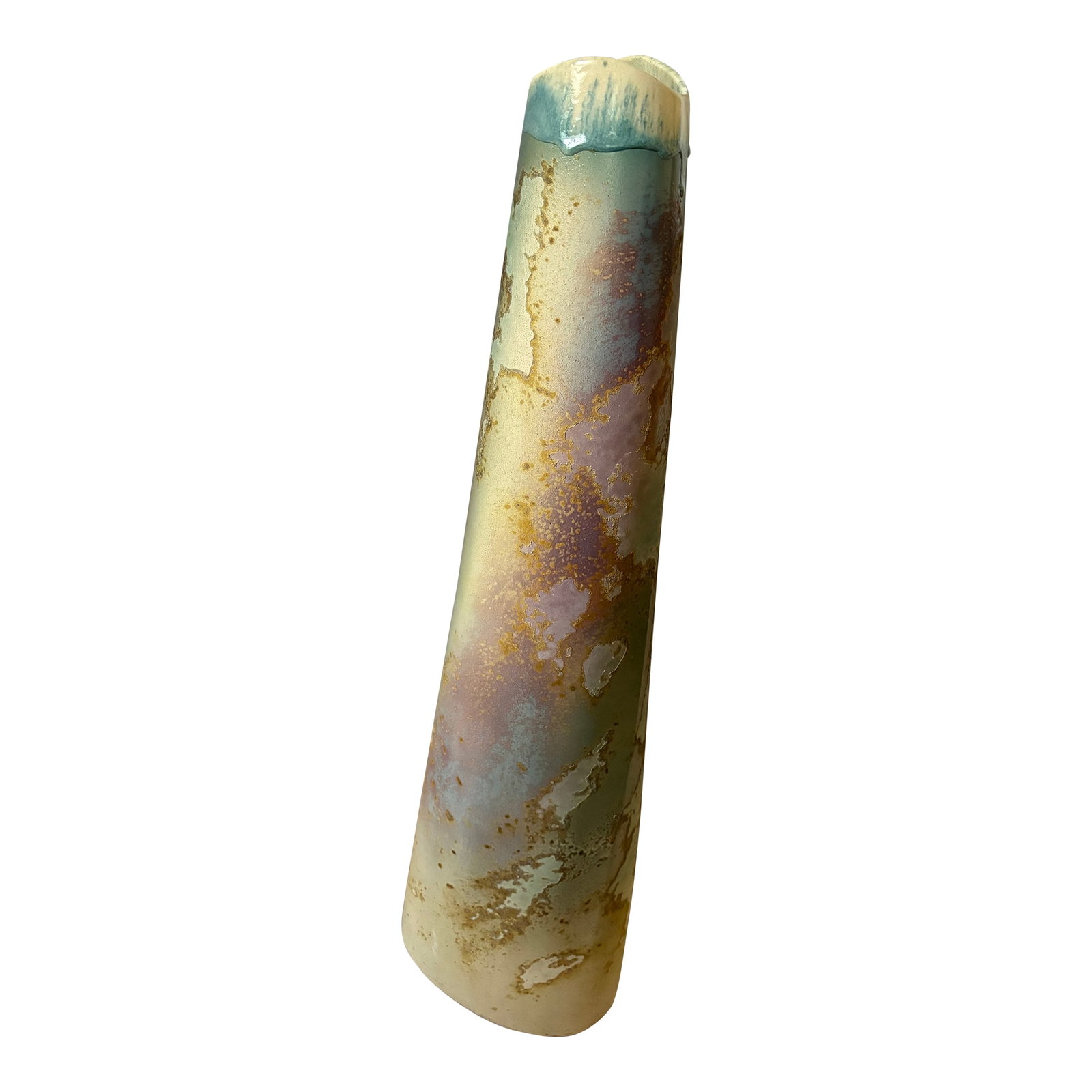 Mid 20th Century Tony Evan's Cylindrical Ancient Sands Raku Pottery Vase: Created by Tony Evans an American Ceramist. The vase is part of Tony Evans "Ancient Sands" collection known for its unique abstract design and unique colors. Condition: Alterations: Original Condition