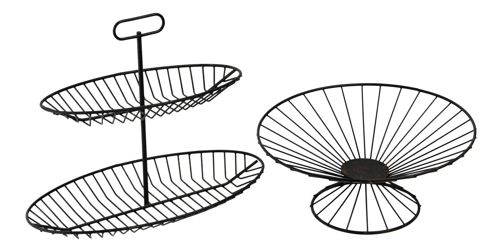 Raymor 1950s Black Wire Serving Stand and Bowl - 2 Pieces: Raymor two-tiered black wire serving stand with handle. Matching circular pedestal bowl. Bowl measures 6 inches height x 14 inches diameter. Condition: Alterations: Unknown Imperfections: Needs