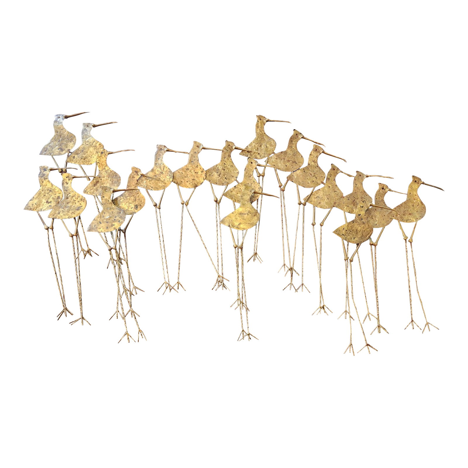 1969 C. Jere Mid-Century Modern Brutalist Gold Sandpipers Wall Sculpture: This unique and original MCM Sandpipers wall sculpture was created by C. Jere in 1969. The sculpture is made of metal and features a beautiful gold-color sandpiper birds design. It is a perfect additi
