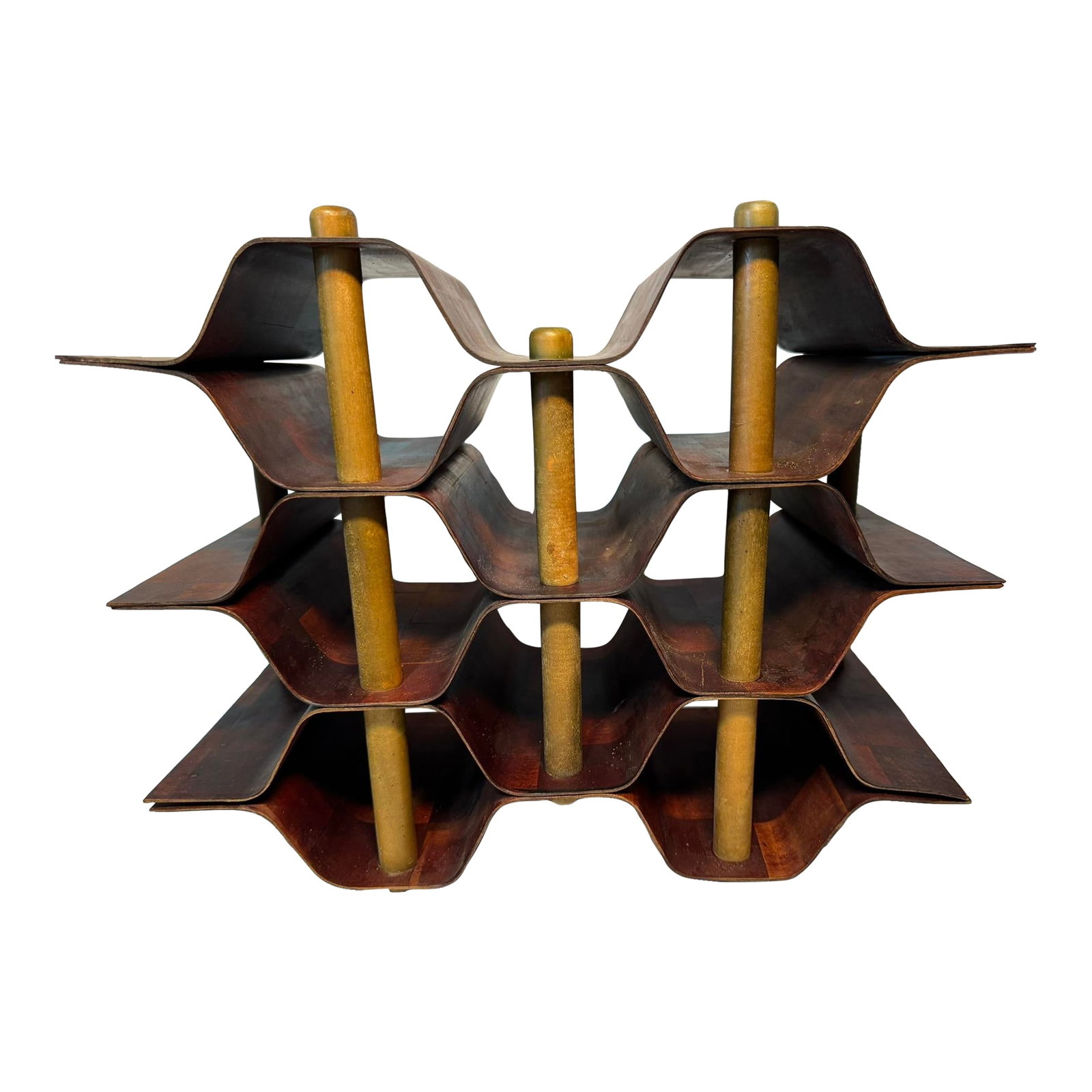 1960s Rosewood & Beech Bentwood Wine Rack by Torsten Johansson for Ab Formtra: Beautiful bent rosewood and beech wine rack designed by Torsten Johansson for AB Formtra of Sweden in the 1950s or 1960s. The eye-catching design is made of beautifully grained rosewood with