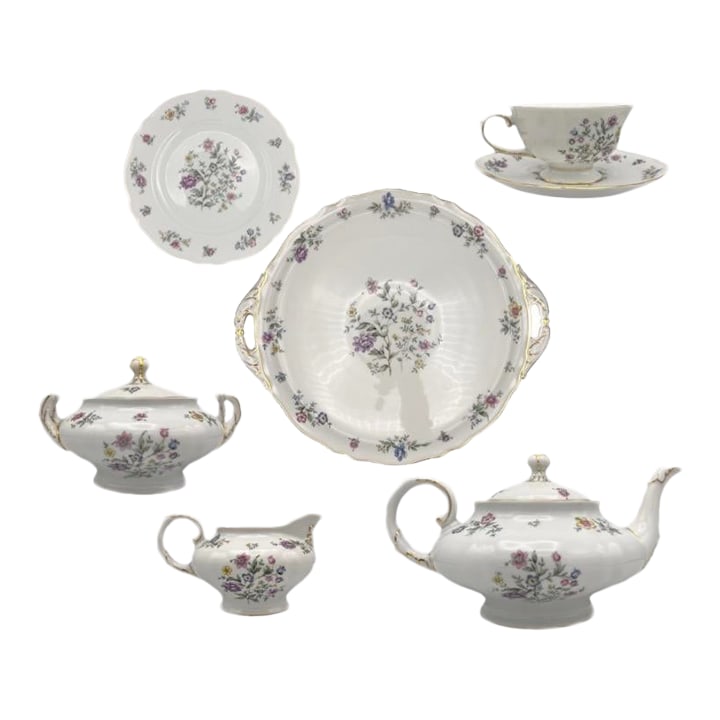 1950s Millefleurs by Franconia-Krautheim, Bavarian Brunch Teapot Service: 12 Salad Plates 12 Tea Cup: Millefleurs Bavarian Brunch Teapot Set: FRANCONIA-KRAUTHEIM Vintage Collection with 12 Plates, Cups & Saucers, Sugar w/ lid, 2 Creamers, 1 Teapot w/ lid and its Serving Tray. Introducing the exquisite