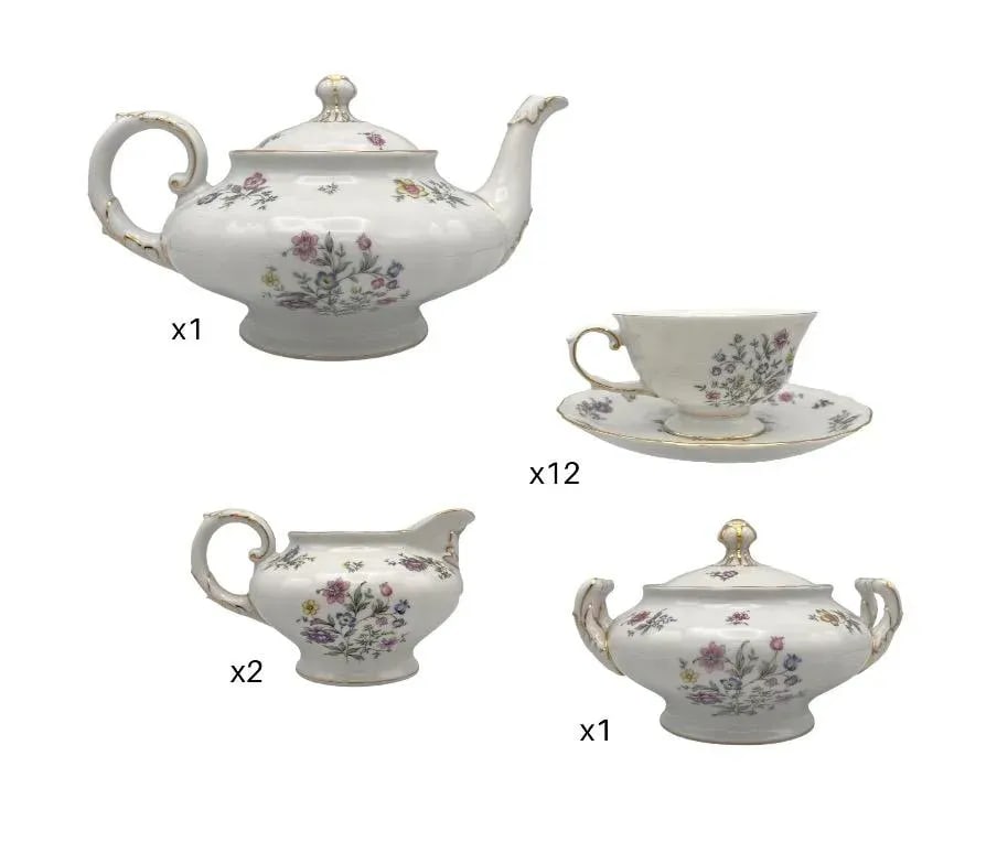 1950s Millefleurs by Franconia-Krautheim, Bavarian Brunch Teapot Service: 12 Salad Plates 12 Tea Cup - 2
