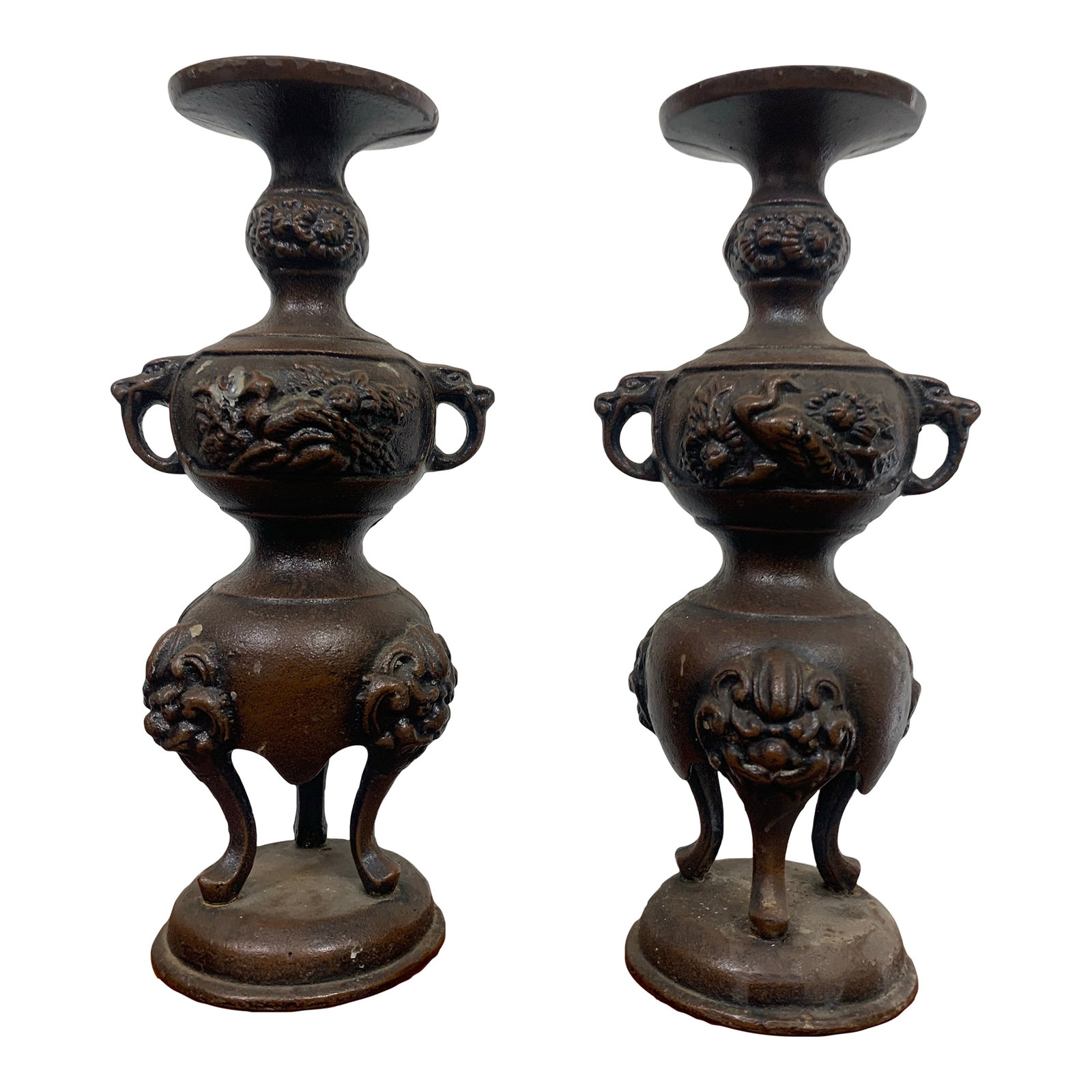 Vintage Japanese Bronze Candlesticks Incense Holders- a Pair: This refined pair of vintage bronze vases was crafted in Japan exclusively for Gump's, showcasing exceptional artistry and traditional craftsmanship. Each vase features beautifully detailed bird and