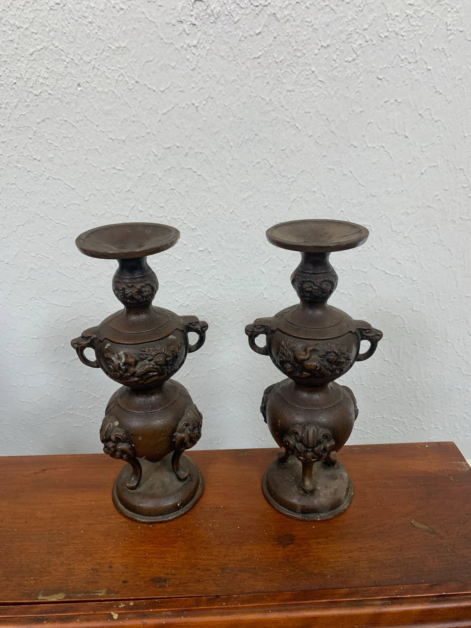 Vintage Japanese Bronze Candlesticks Incense Holders- a Pair - 6