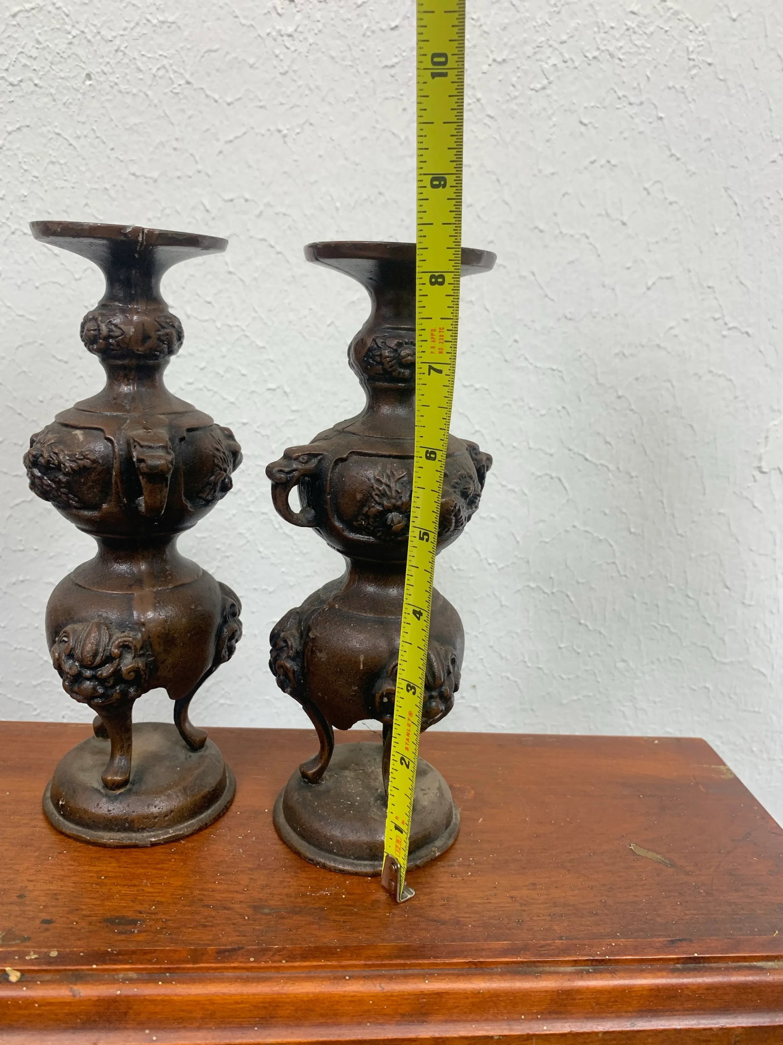 Vintage Japanese Bronze Candlesticks Incense Holders- a Pair - 9
