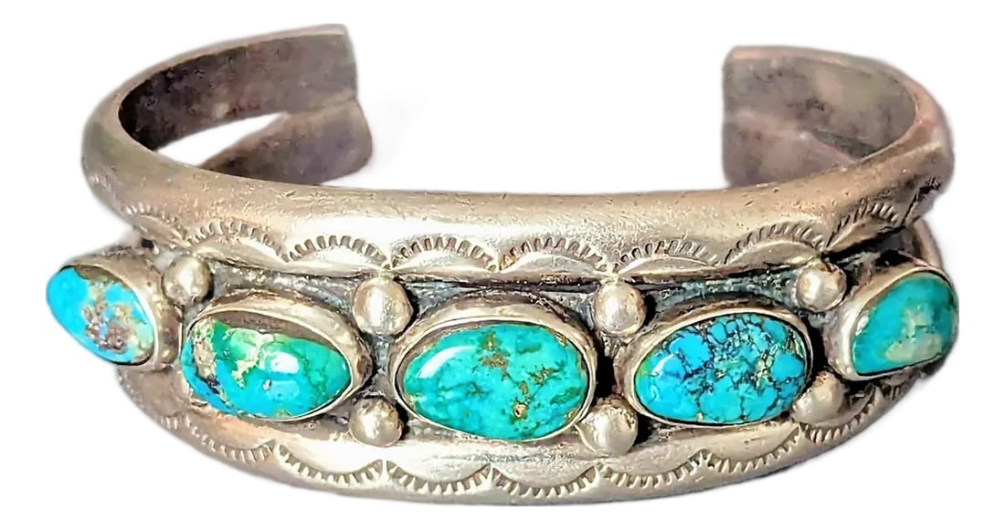 Vintage Turquoise Cuff Bracelet, Silver Bands Have Eyelit Pattern (1 of 3)