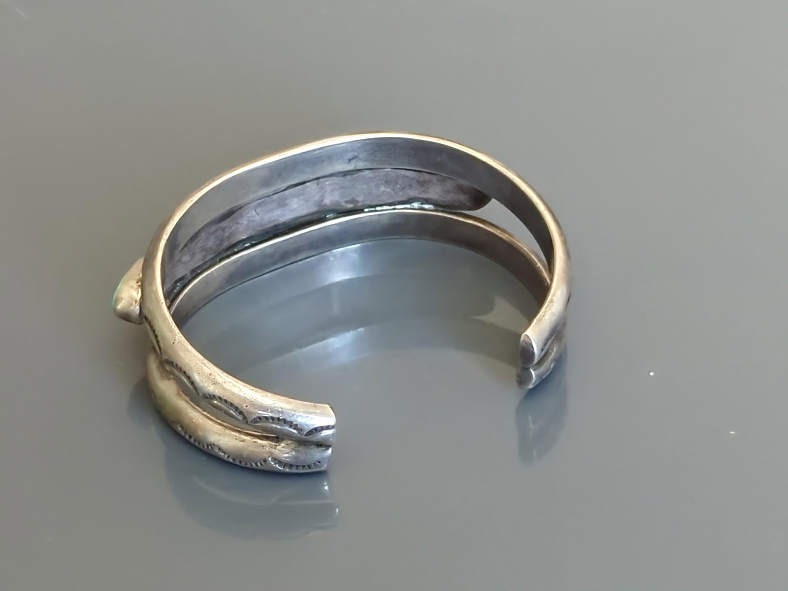 Vintage Turquoise Cuff Bracelet, Silver Bands Have Eyelit Pattern - 2