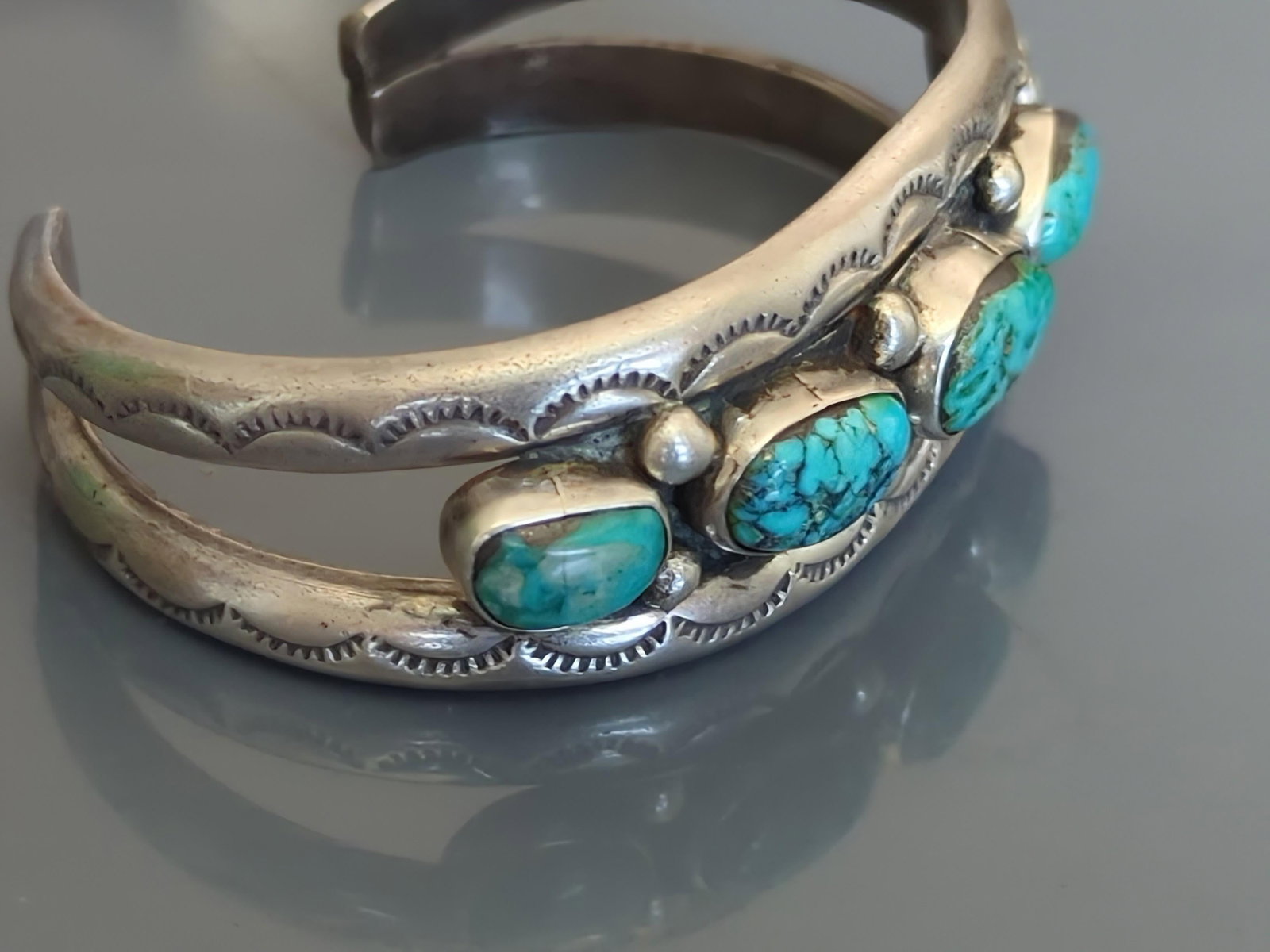 Vintage Turquoise Cuff Bracelet, Silver Bands Have Eyelit Pattern - 3