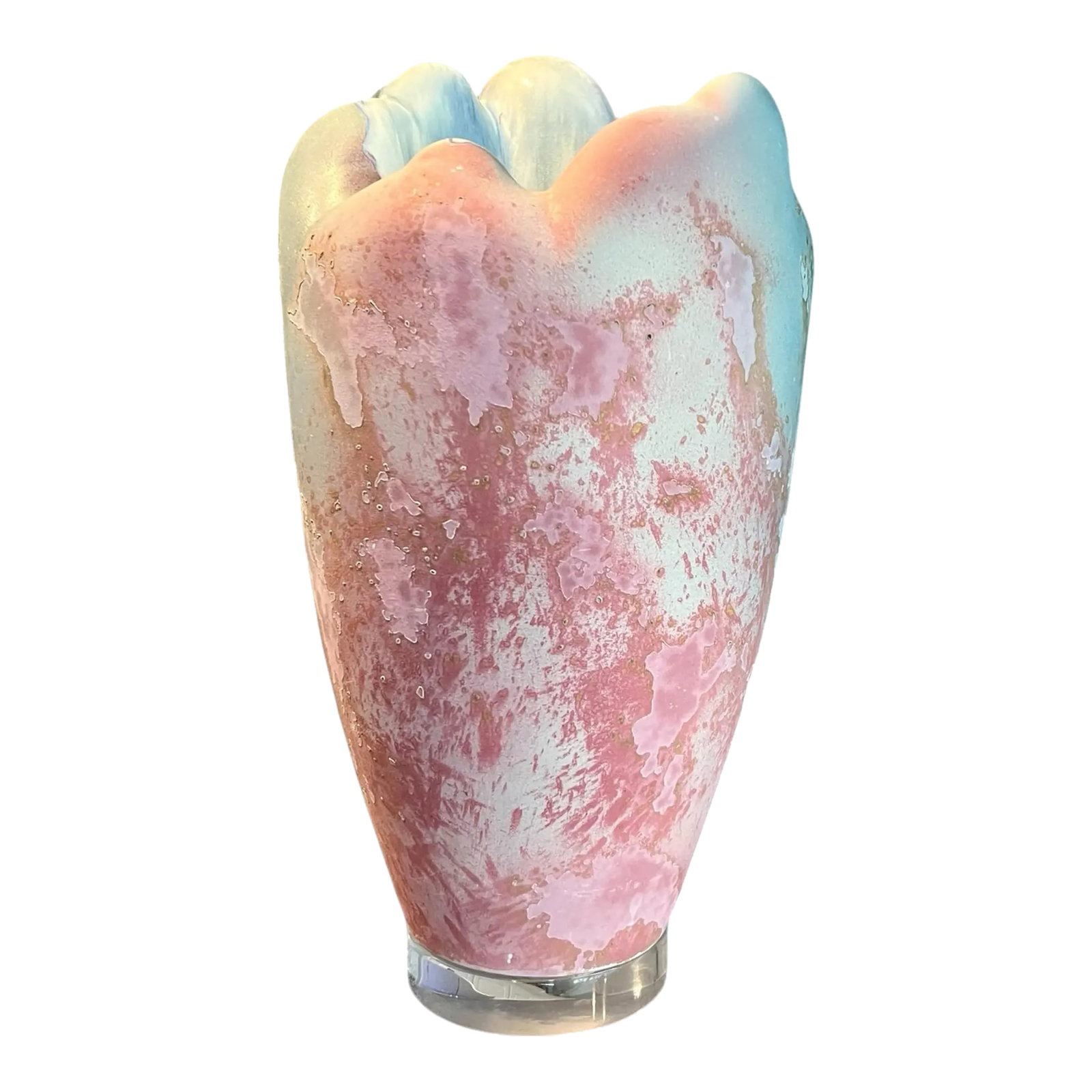 Tony Evans Raku Art Pottery Vase-Lucite Base-Signed-Studio-80s-California-Modern: Striking signed Tony Evans art pottery vase dating to the 1980s. Known for his innovative raku and studio pottery designs, Evans created highly collectible sculptural ceramics from his California stud