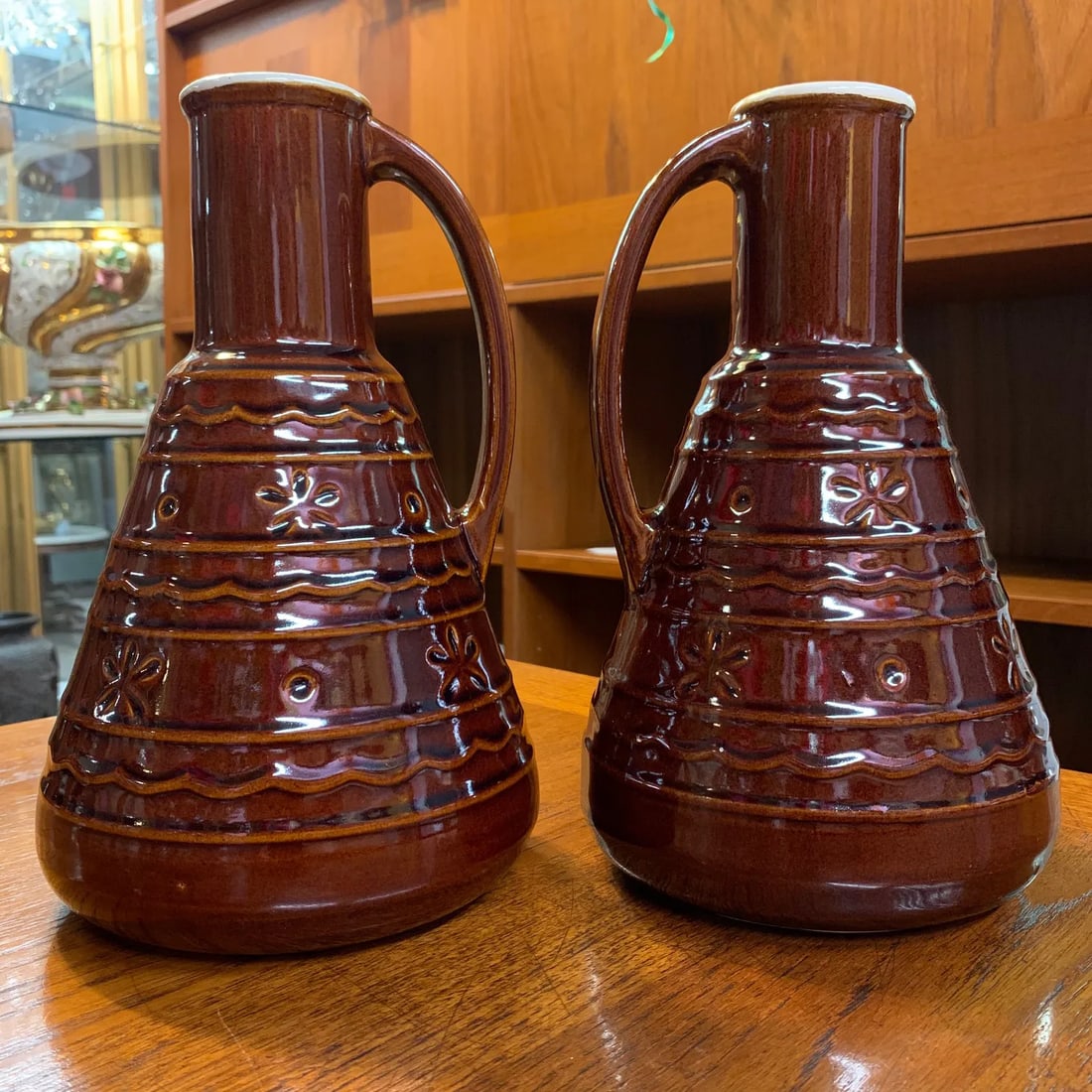 Mid-Century Modern Mar-Crest Dot Daisy Stoneware Carafe Coffee Decanter Servers - a Pair - 13