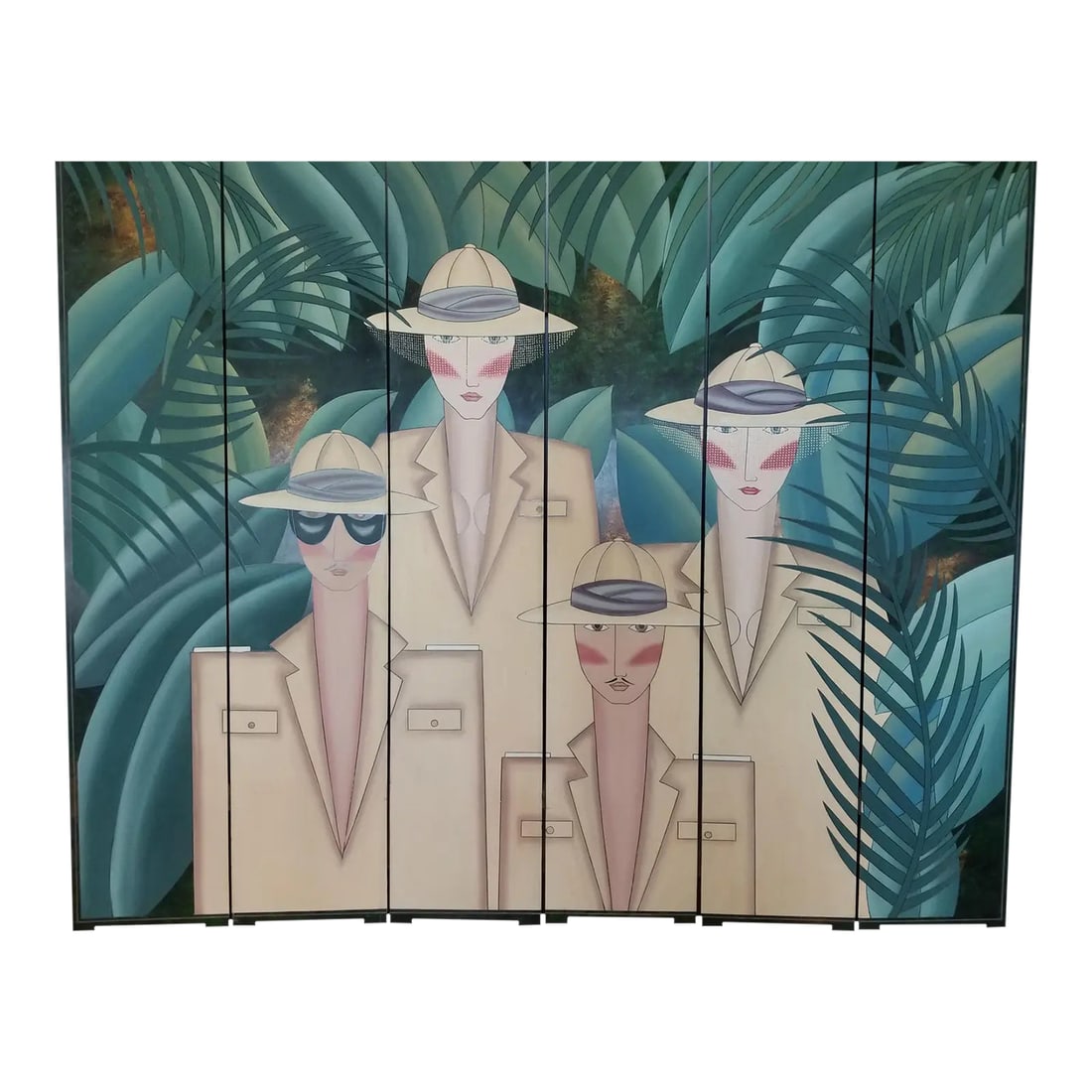1980's Maitland Smith Chinese Coromandel Lacquer 6-Panel Screen With Safari Mural: This screen is spectacular! It doesn't get more 80's chic then this. Six panels of carved black lacquer painted with a highly stylized mural depicting a chic safari soiree. Painted in the Memphis/