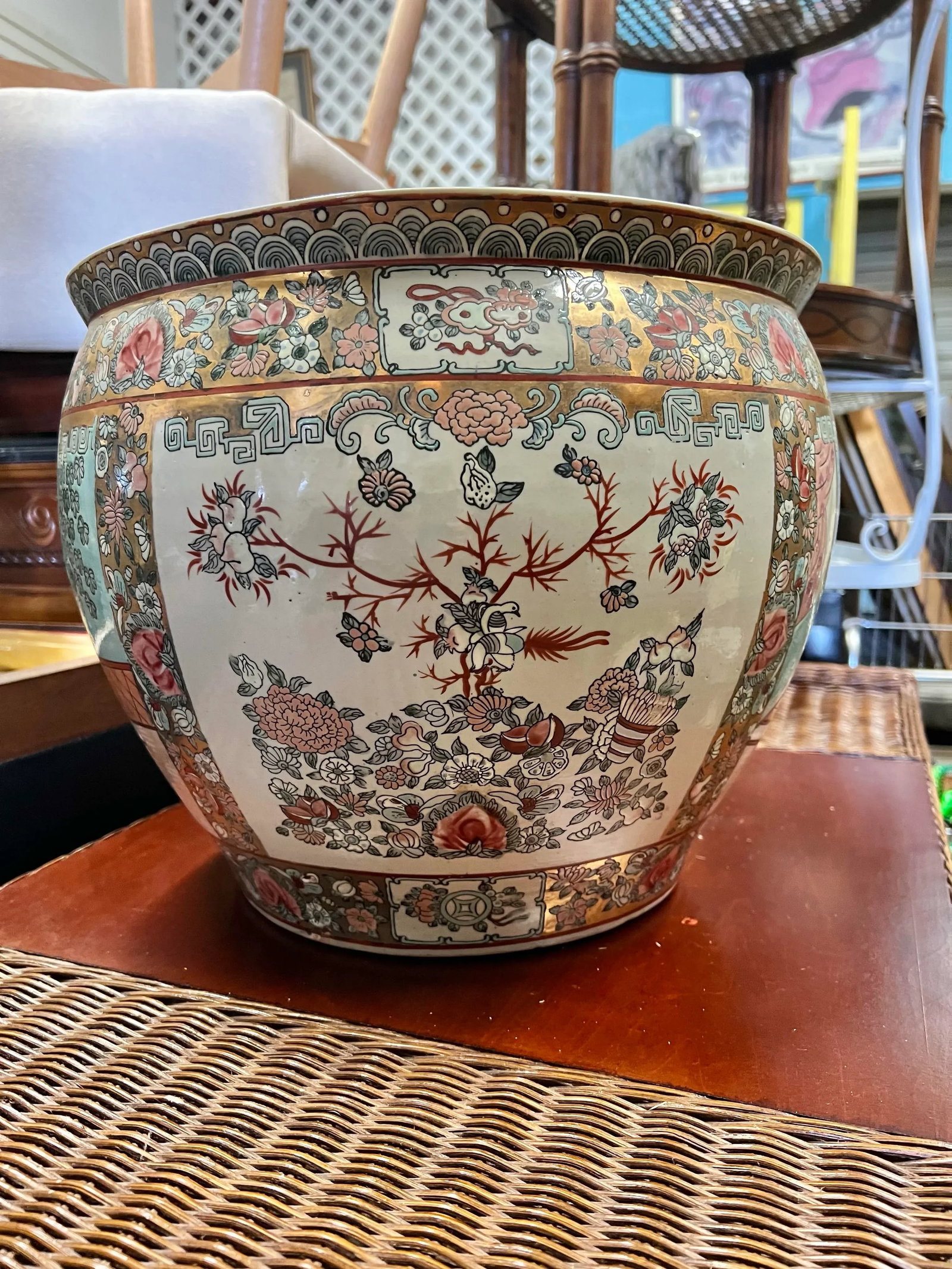 Vintage Rose Medallion Asian Fish Planter Pots or Fish Bowl - 3
