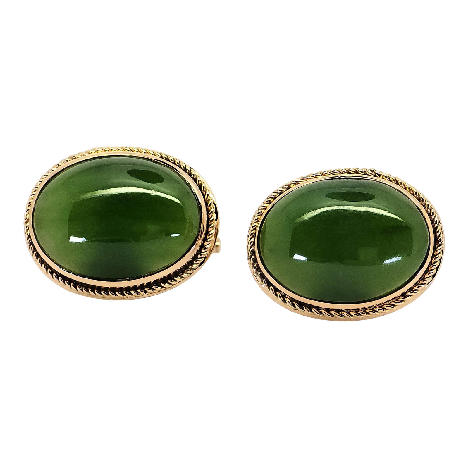 Mid 20th Century 12k Yellow Gold - Natural Green Jade Cabochon Cut: Cufflinks- Set of 2: 12K Yellow Gold Natural Jade Cufflinks Metal Type: 12K Yellow Gold Total Item Weight: 15.2 Grams 1: Stone: Natural Green Jade Stone Weight: 20 Ct Stone Shape: Cabochon Shape Stone Clarity: Top