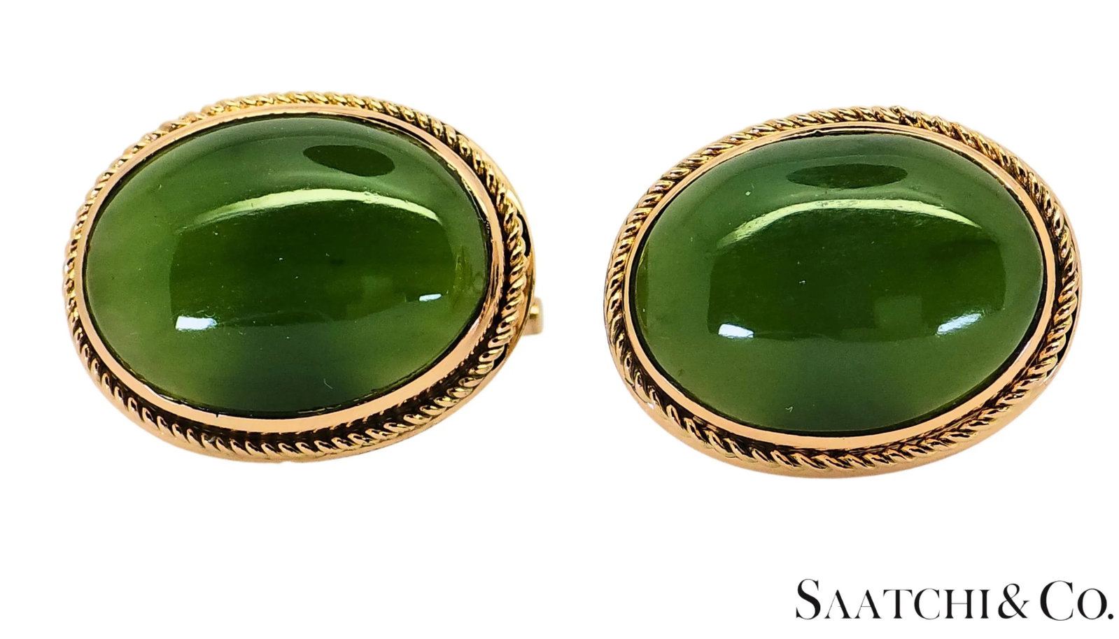 Mid 20th Century 12k Yellow Gold - Natural Green Jade Cabochon Cut: Cufflinks- Set of 2 - 2