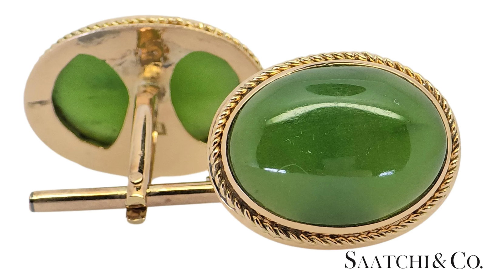 Mid 20th Century 12k Yellow Gold - Natural Green Jade Cabochon Cut: Cufflinks- Set of 2 - 3