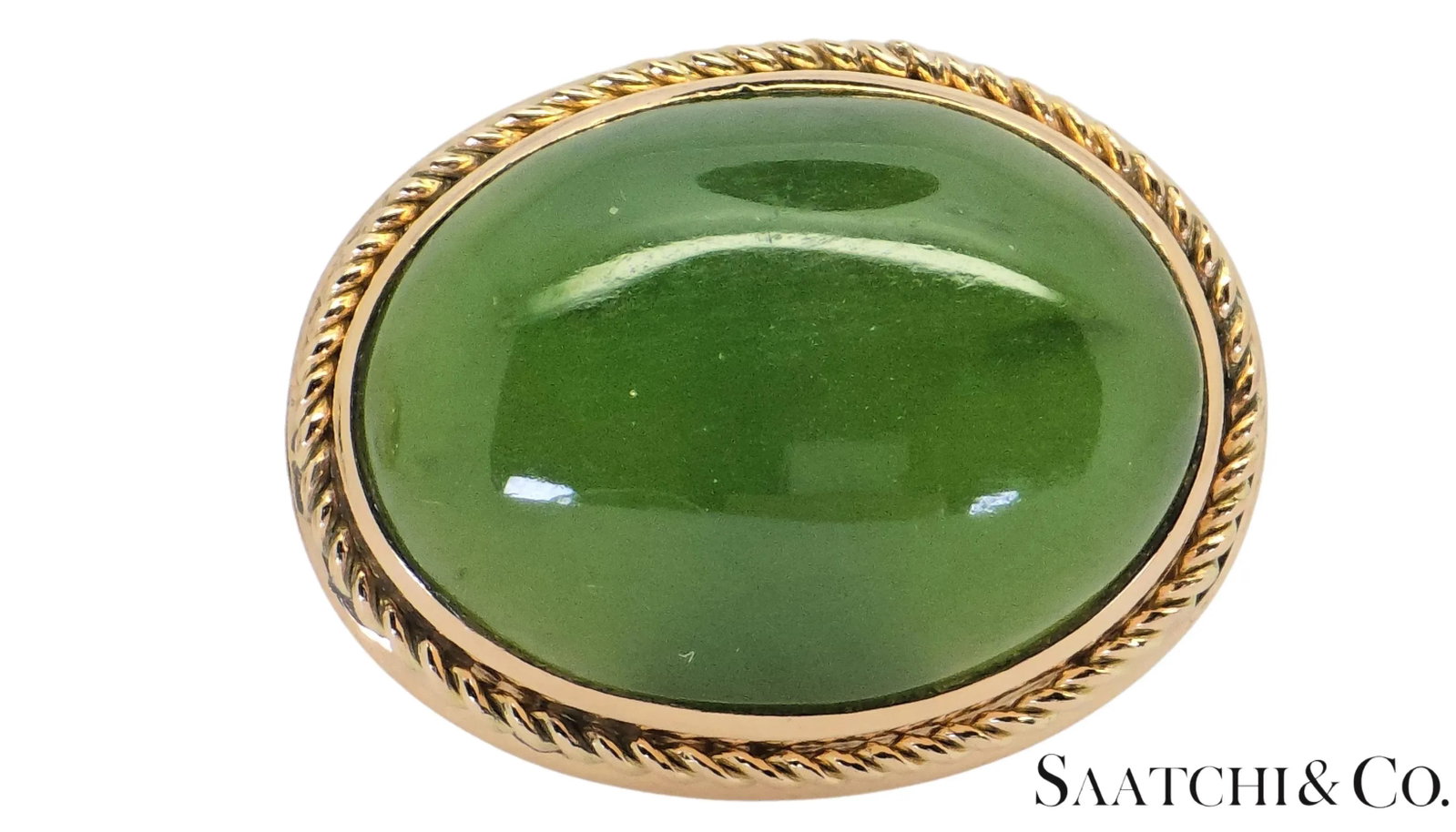 Mid 20th Century 12k Yellow Gold - Natural Green Jade Cabochon Cut: Cufflinks- Set of 2 - 9