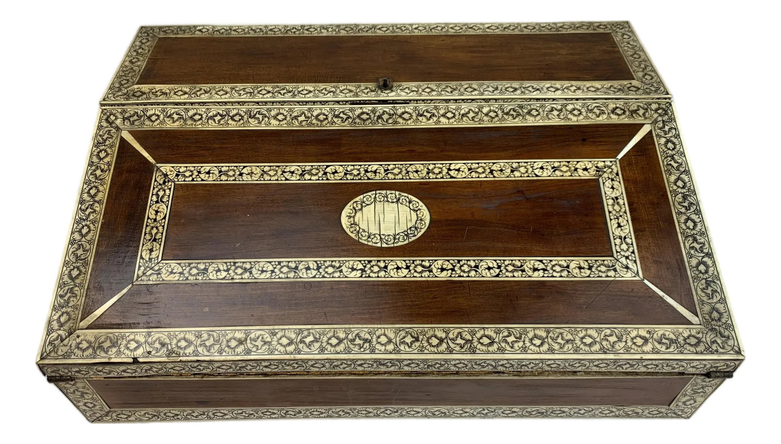 Late 19th Century Antique Campaign Lap Desk: Late 19th century Antique Campaign lap desk with rich dark finish featuring intricate inlay work on the top and sides. Condition: Alterations: Original Condition Unaltered Imperfections: Some