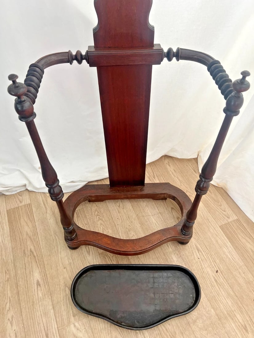 1900s Victorian Hall Tree Umbrella Stand Starburst Shape Round Mirror Iron Drip Pan - 10