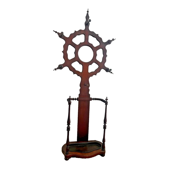 1900s Victorian Hall Tree Umbrella Stand Starburst Shape Round Mirror Iron Drip Pan: Gorgeous Rare Victorian Hall Tree Umbrella Stand Starburst Shape, Round Mirror, Iron Drip Pan, Six Coat Hat Pegs, 85" Tall x 44" wide x 15" deep. "Very Good structural condition, Original Patina, High