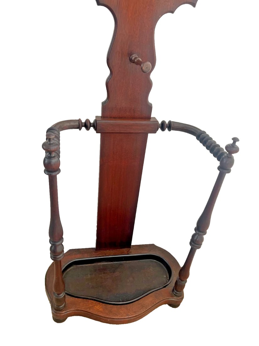 1900s Victorian Hall Tree Umbrella Stand Starburst Shape Round Mirror Iron Drip Pan - 3