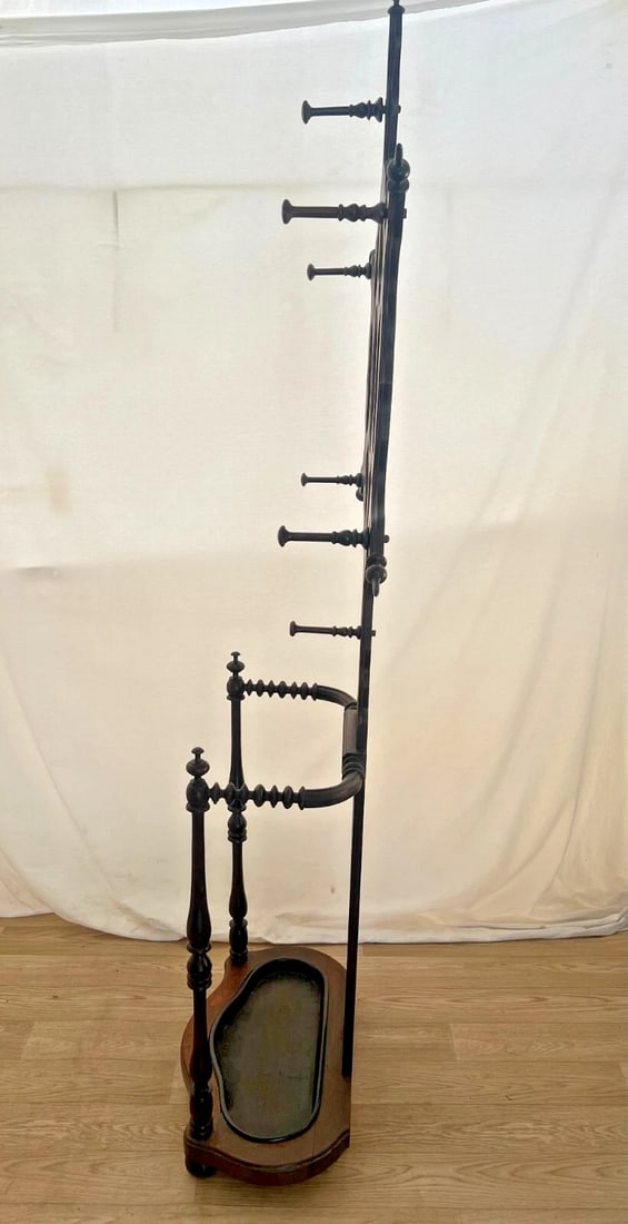 1900s Victorian Hall Tree Umbrella Stand Starburst Shape Round Mirror Iron Drip Pan - 5